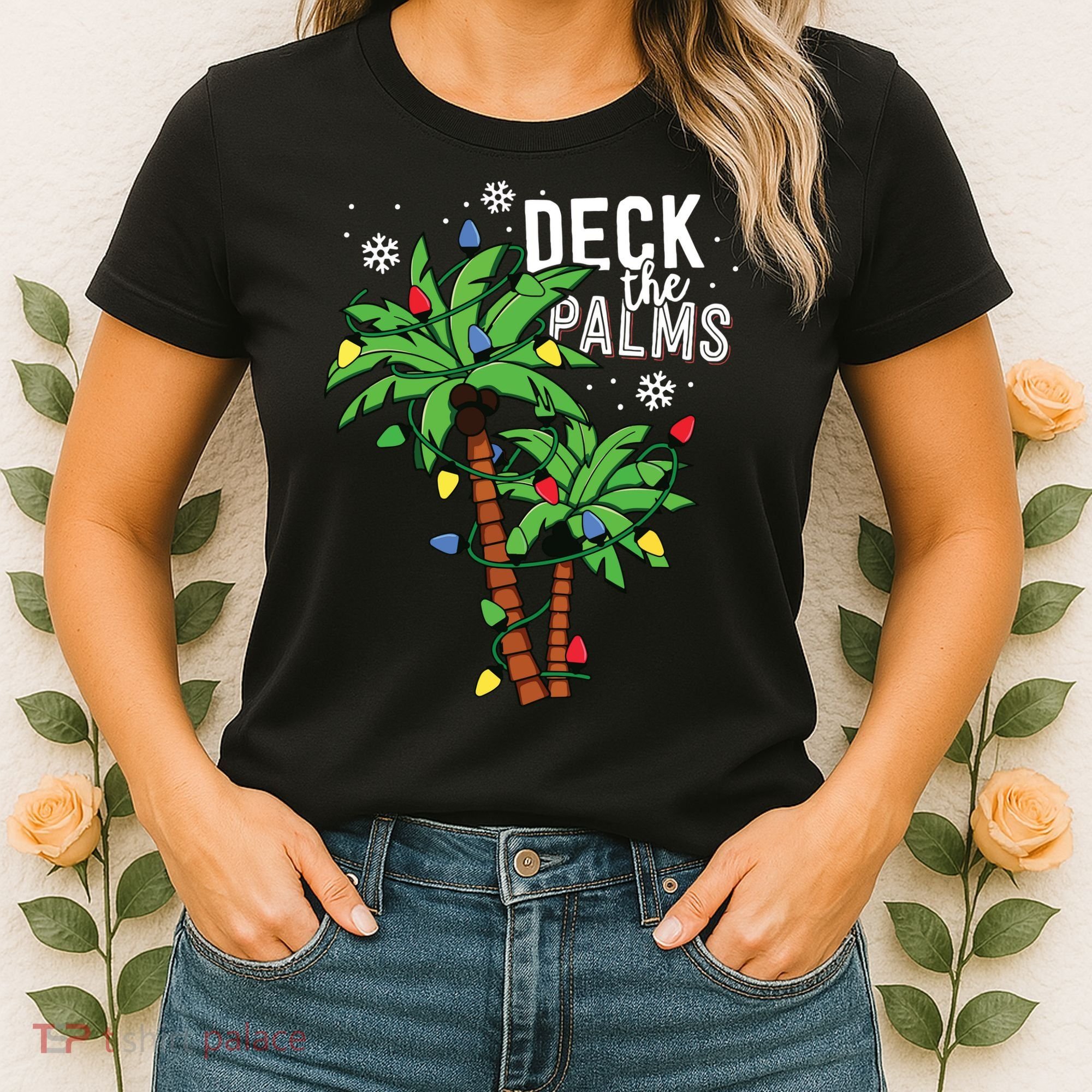 Deck The Palms Tropical Hawaii Christmas Palm Tree Lights Women's T-Shirt