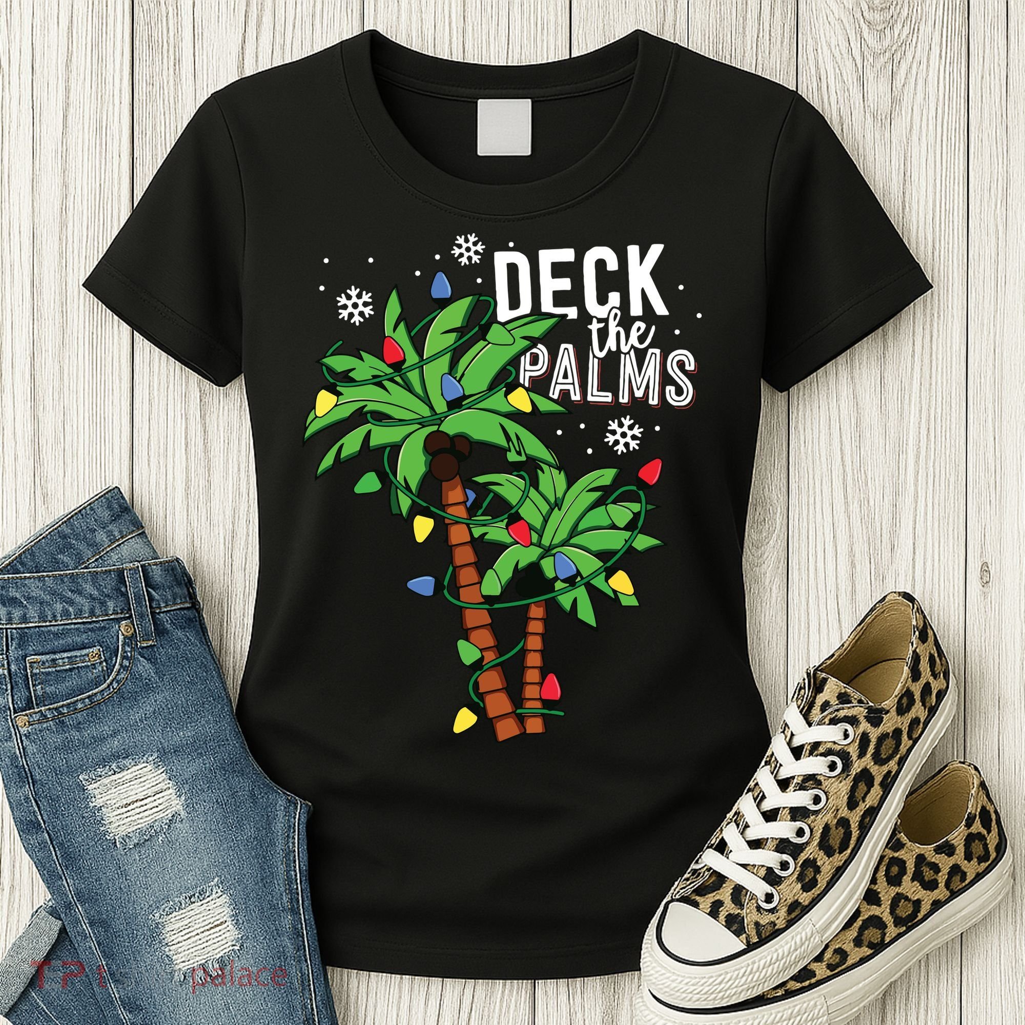 Deck The Palms Tropical Hawaii Christmas Palm Tree Lights Women's T-Shirt