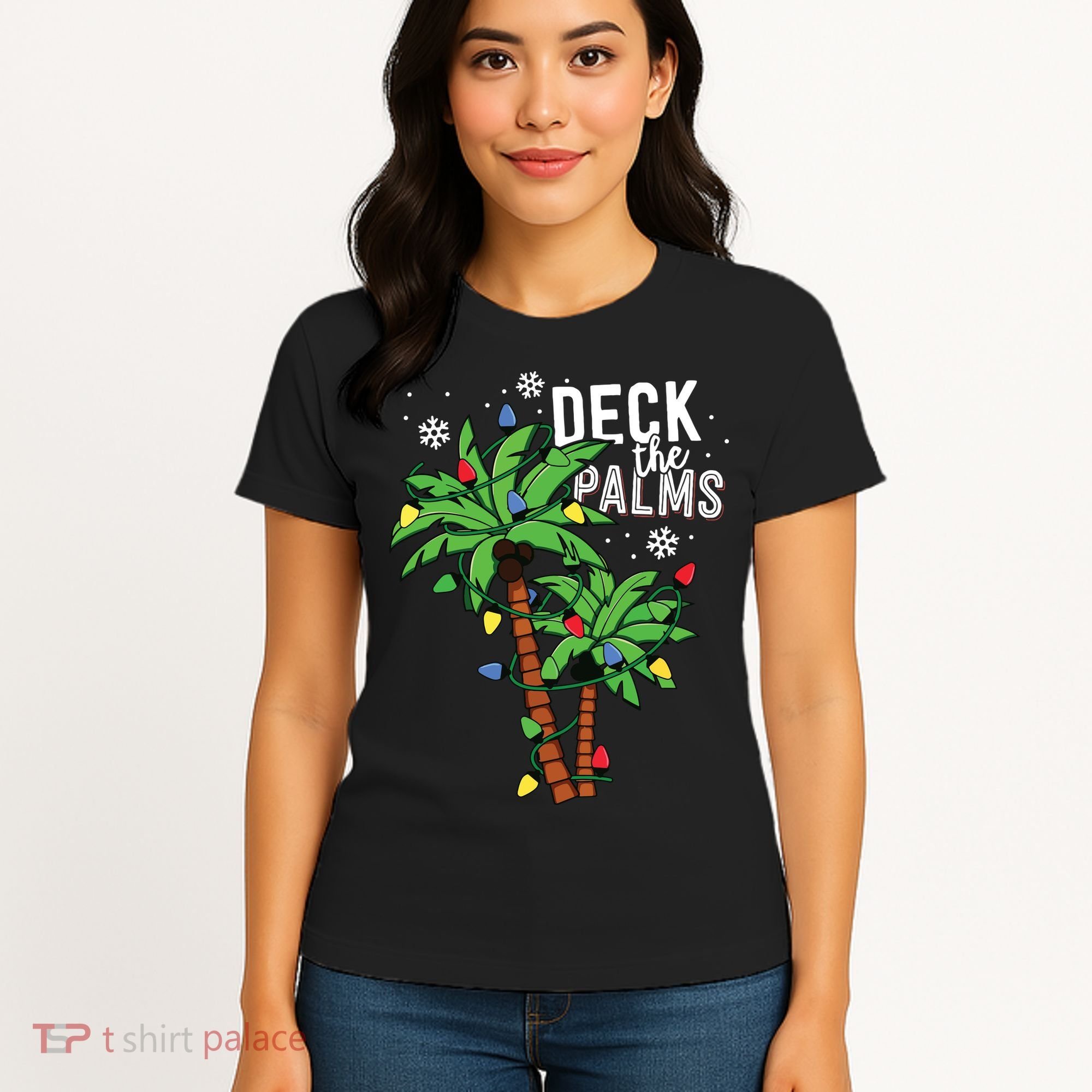 Deck The Palms Tropical Hawaii Christmas Palm Tree Lights Women's T-Shirt