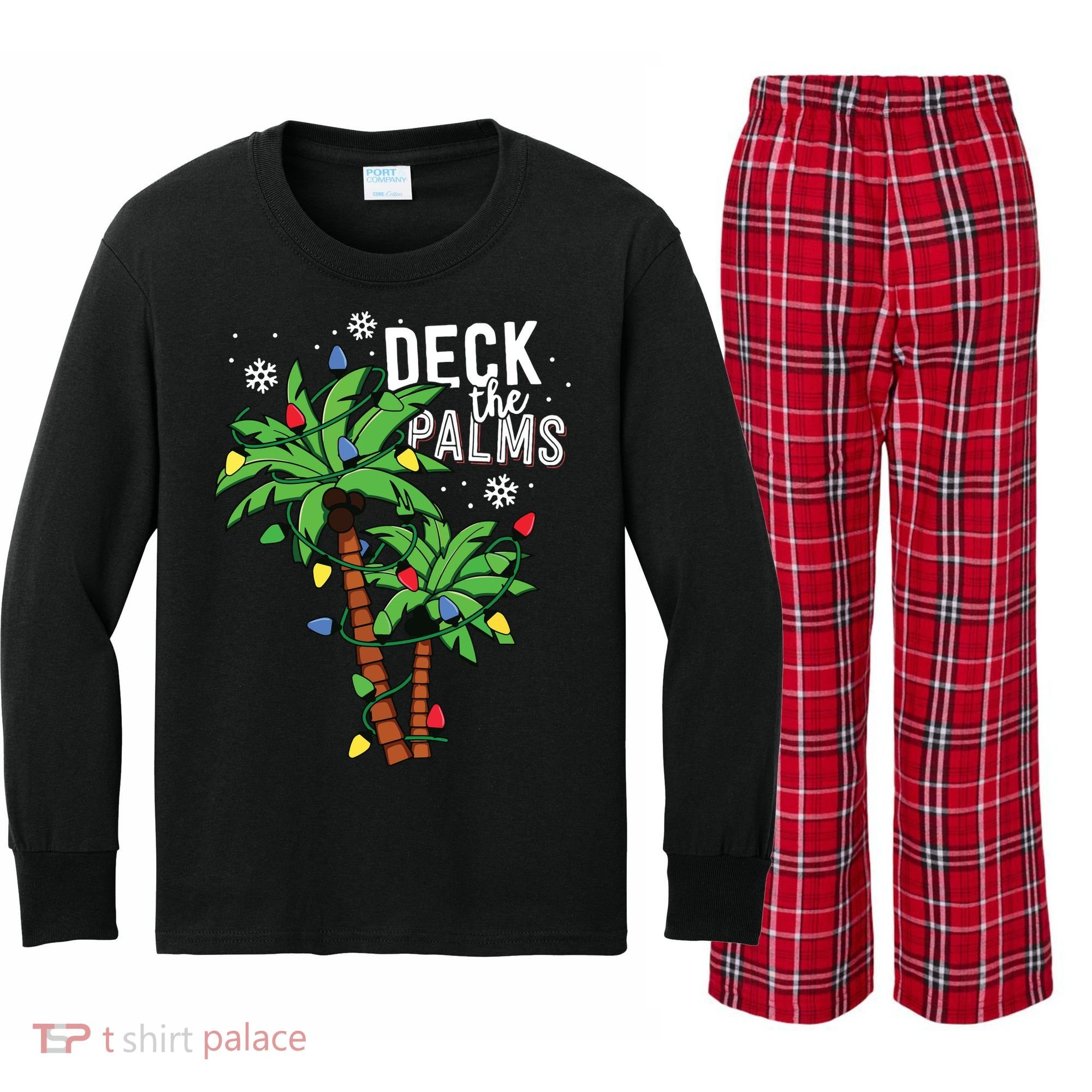 Deck The Palms Tropical Hawaii Christmas Palm Tree Lights Kids Long Sleeve Plaid Pajama Set