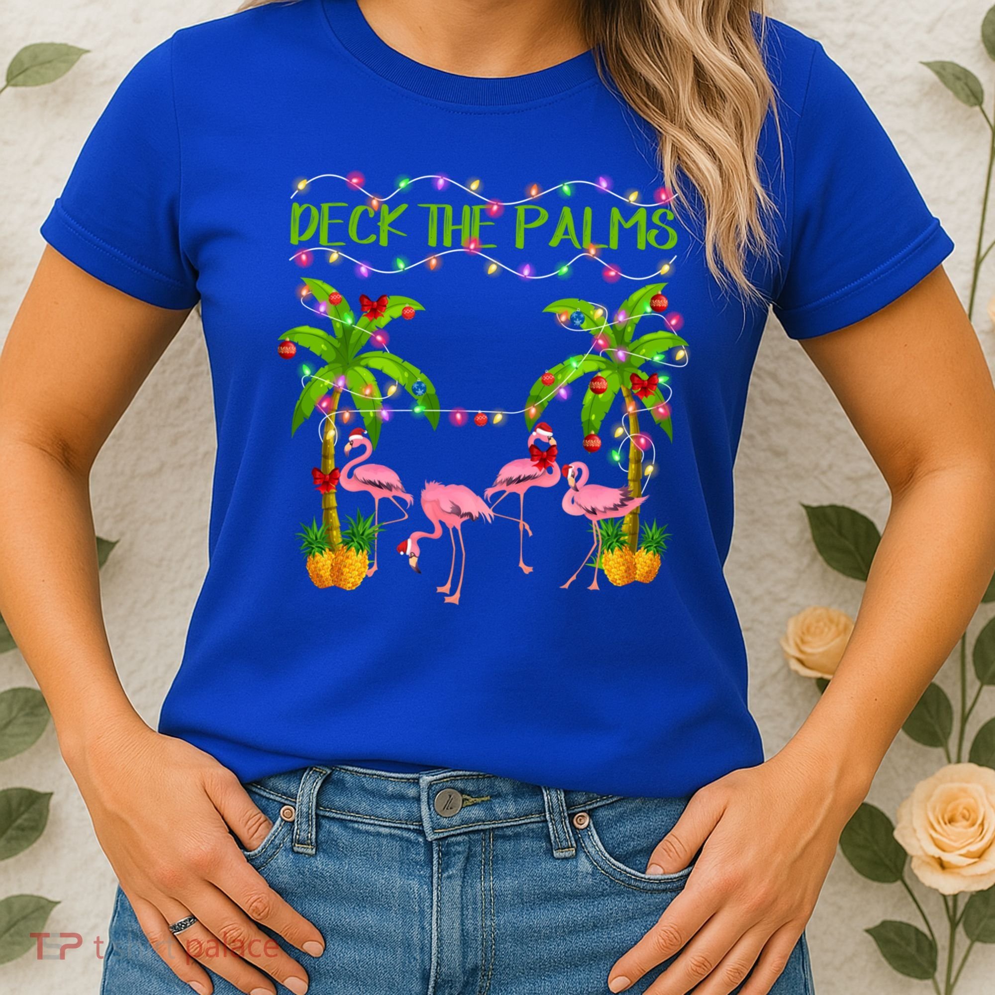 Deck The Palms Flamingo Lover Merry Christmas Pink Xmas Cute Gift Women's T-Shirt