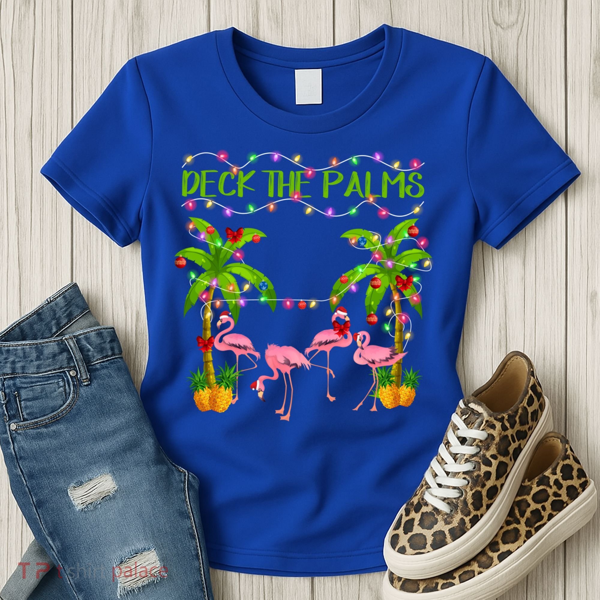 Deck The Palms Flamingo Lover Merry Christmas Pink Xmas Cute Gift Women's T-Shirt