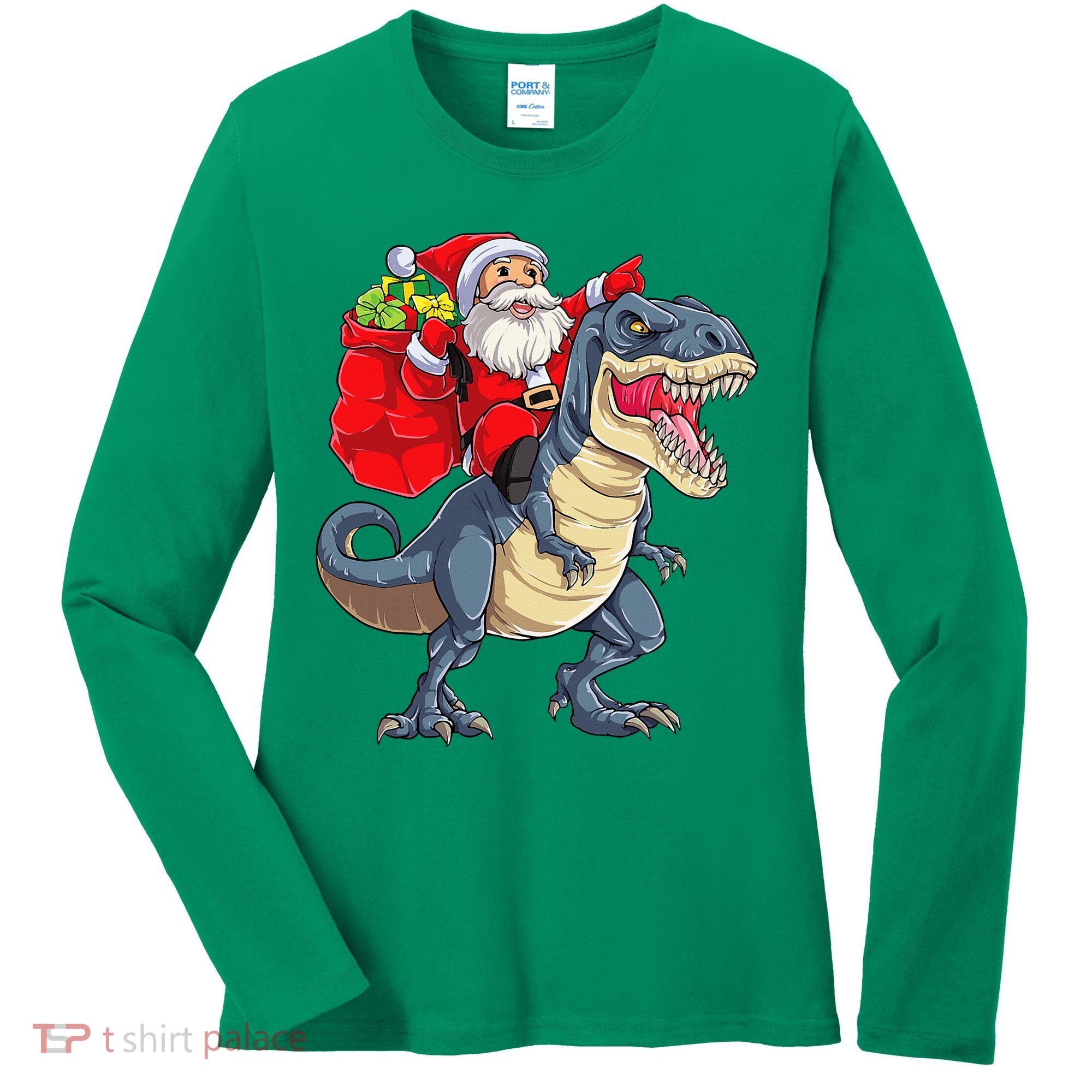 Dinosaur T Rex Christmas Santa Xmas Squad Women's Long Sleeve Shirt