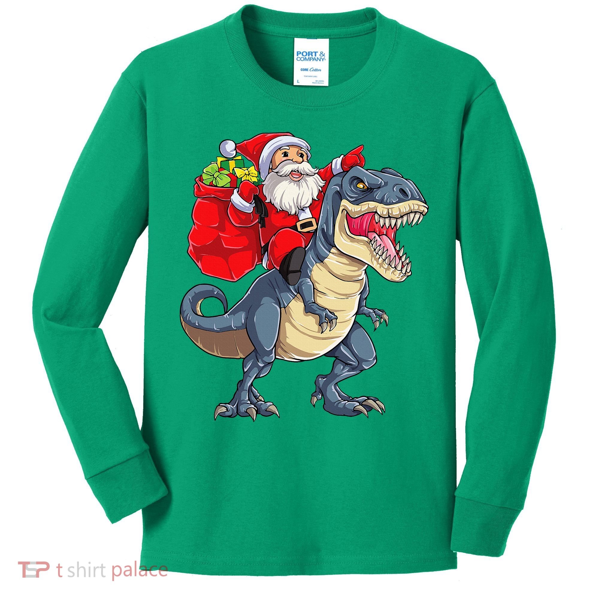 Dinosaur T Rex Christmas Santa Xmas Squad Kids Long Sleeve Shirt