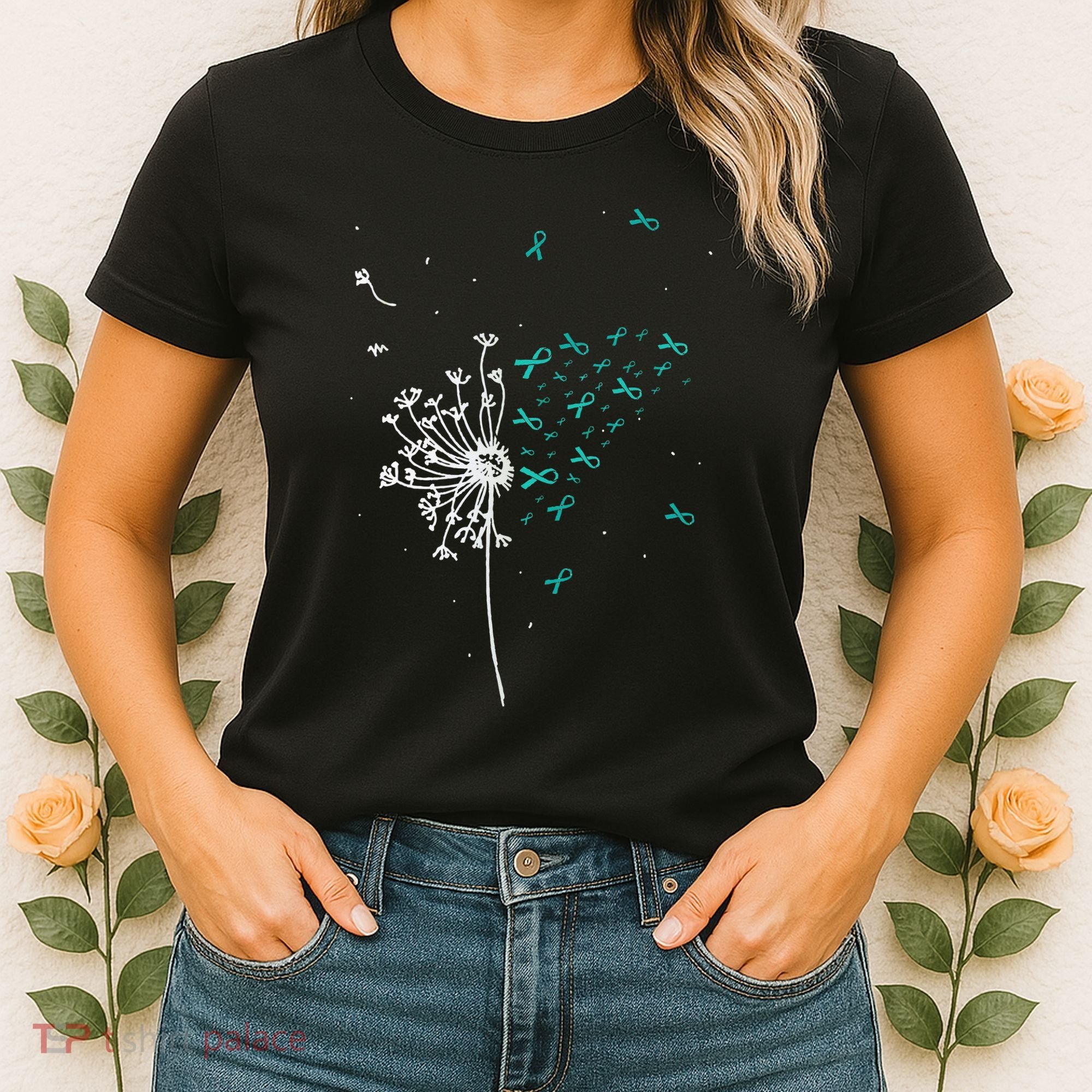 Dandelion Teal Ribbon Cool Ovarian Cancer Awareness Gifts Women's T-Shirt