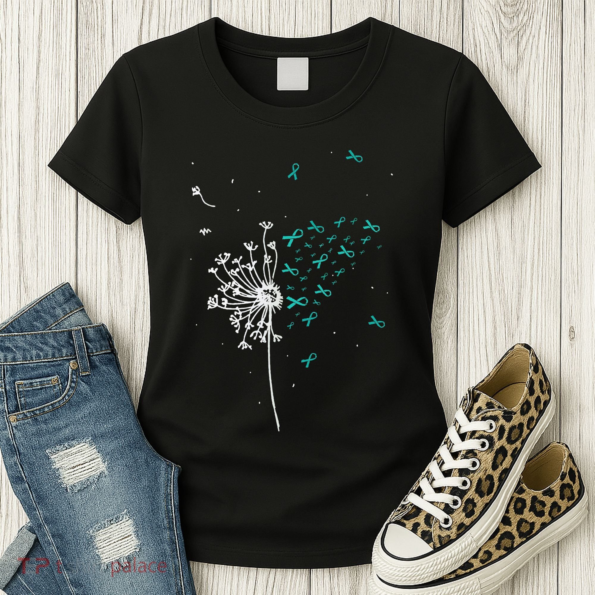 Dandelion Teal Ribbon Cool Ovarian Cancer Awareness Gifts Women's T-Shirt