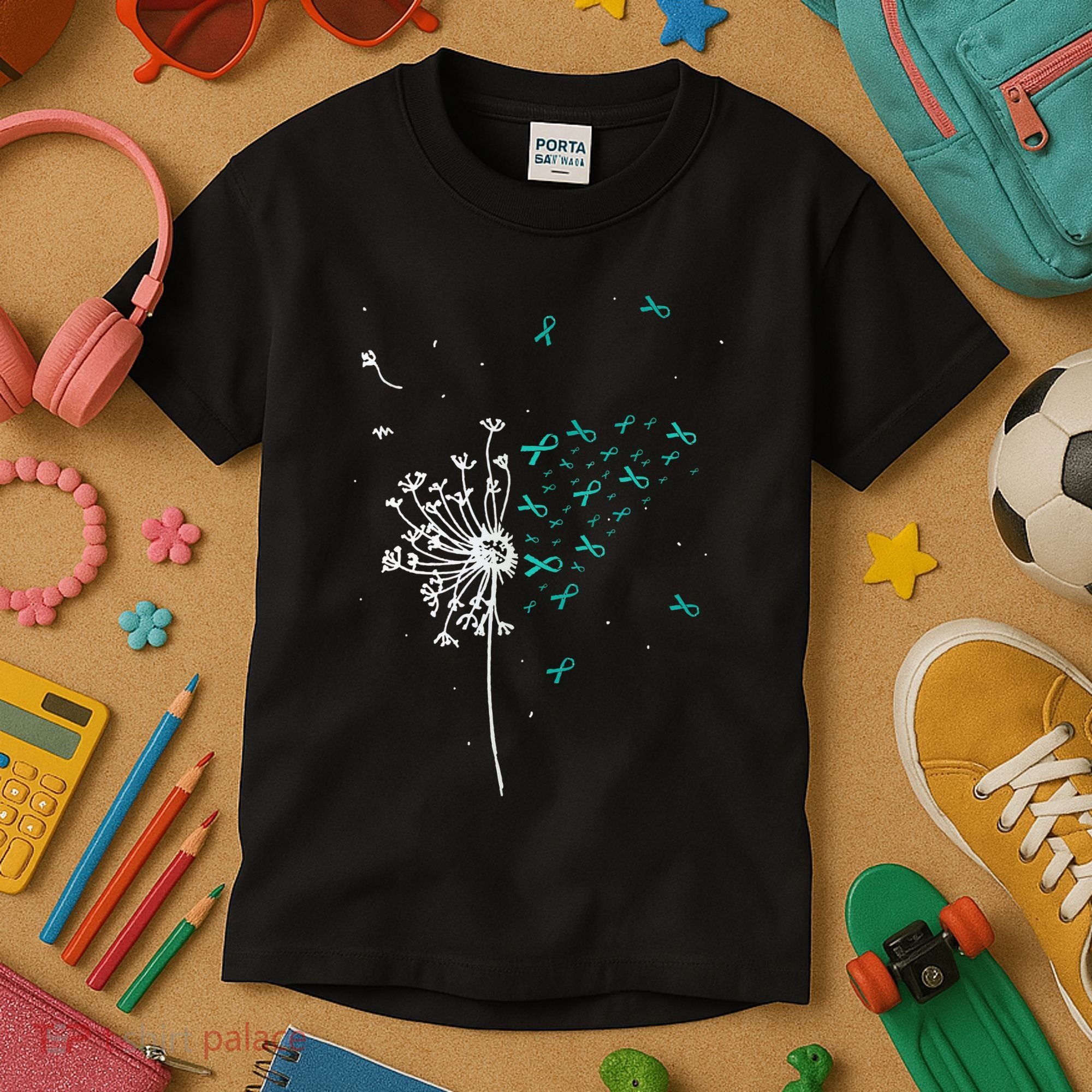 Dandelion Teal Ribbon Cool Ovarian Cancer Awareness Gifts Kids T-Shirt