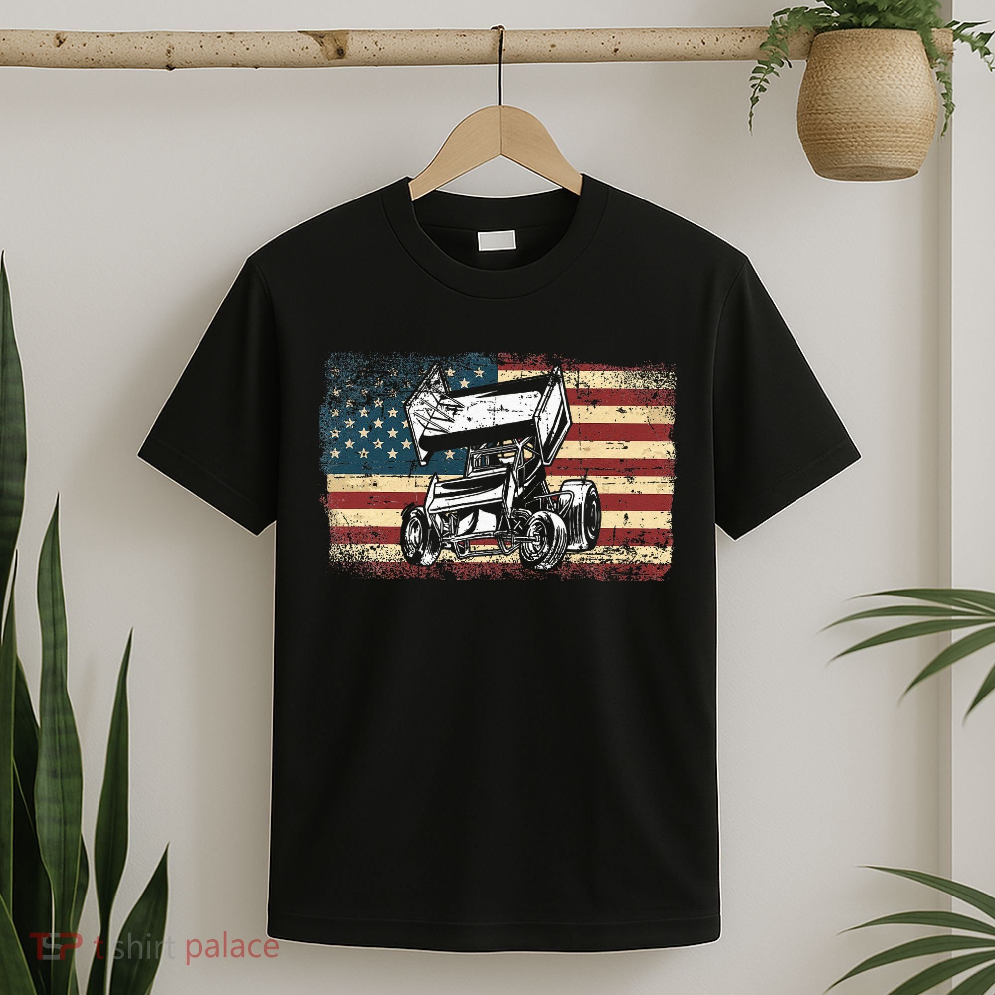 Dirt Track Racing Sprint Car Vintage Retro American Flag T-Shirt