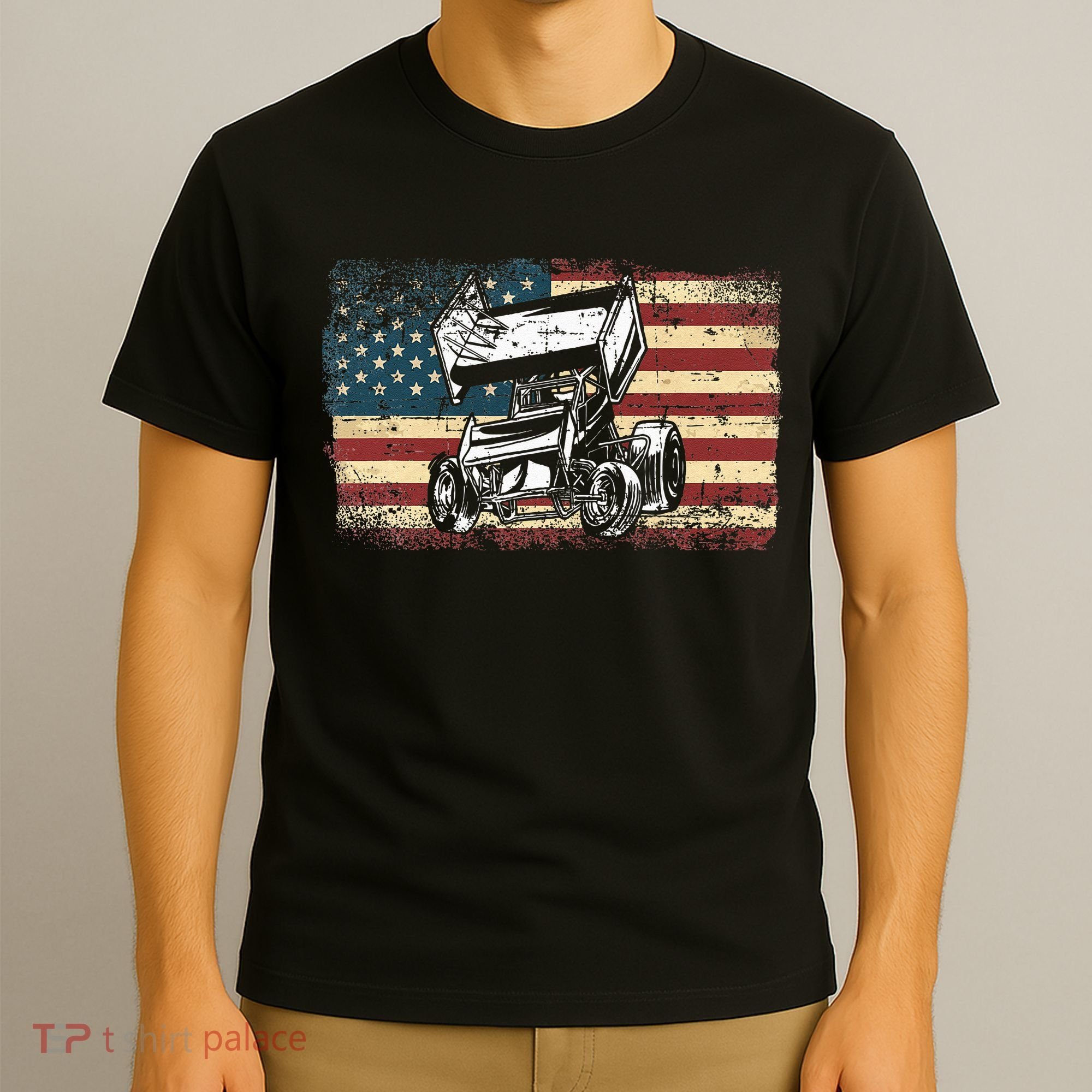 Dirt Track Racing Sprint Car Vintage Retro American Flag T-Shirt