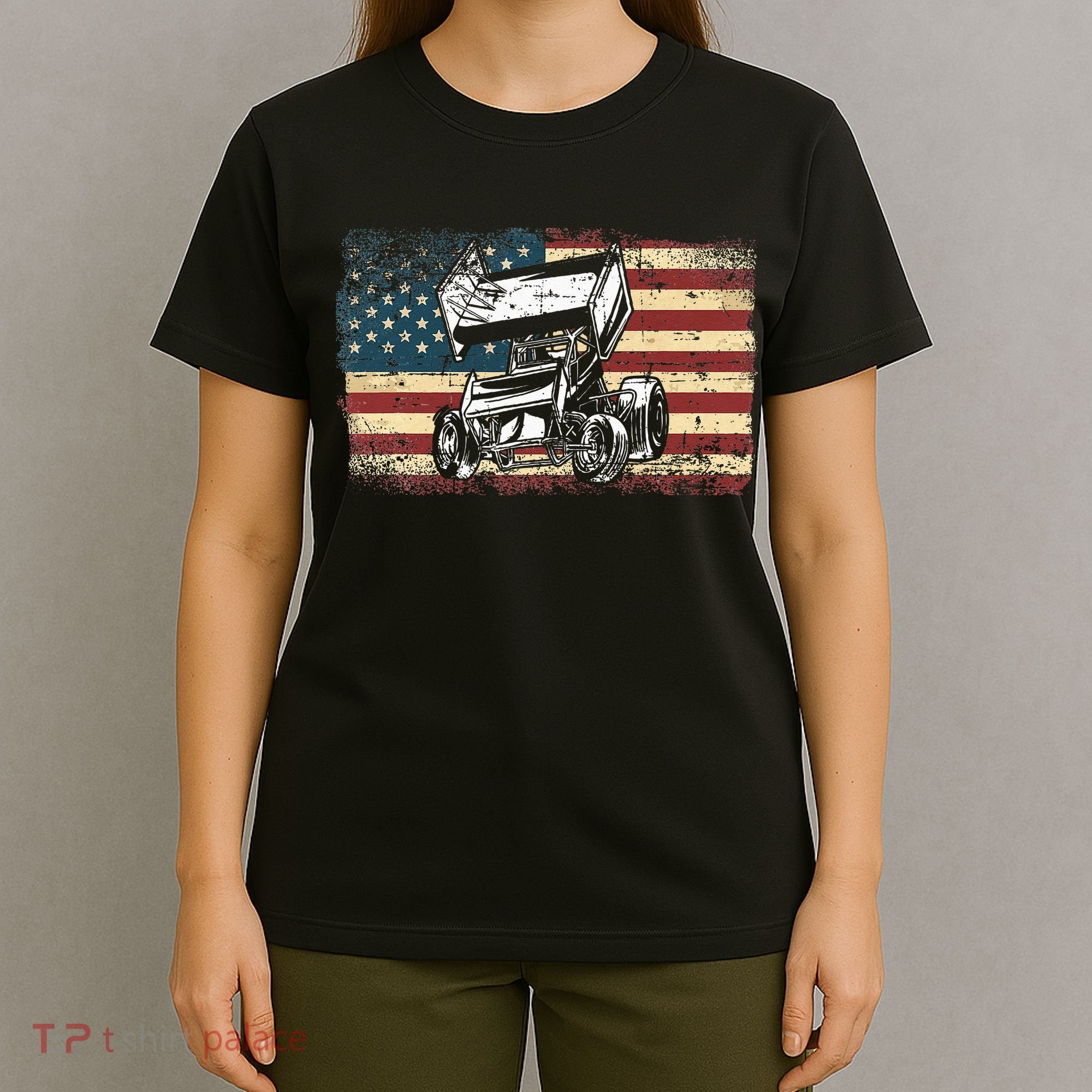 Dirt Track Racing Sprint Car Vintage Retro American Flag T-Shirt