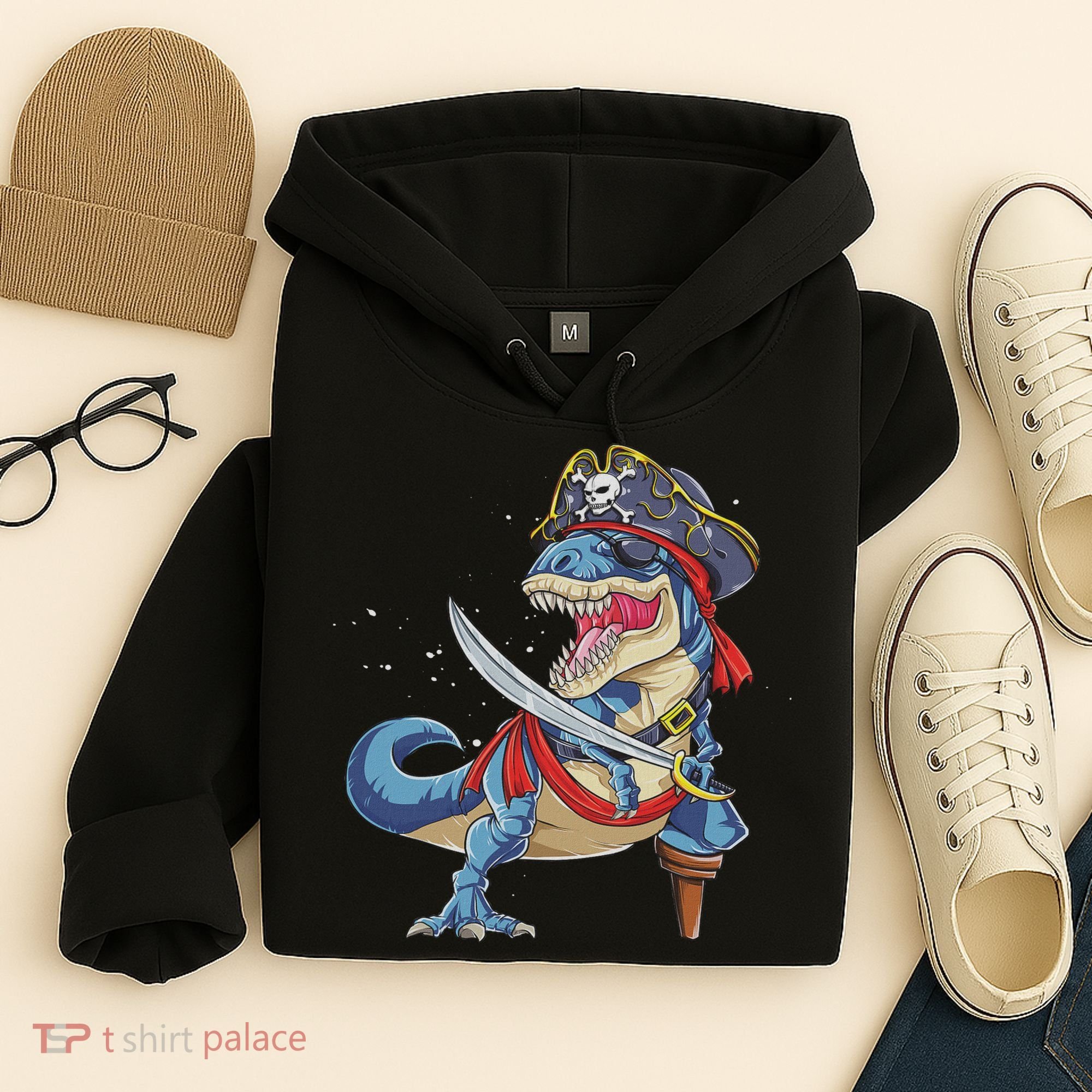 Dinosaur T Rex Pirate Jolly Roger Halloween Funny Hoodie