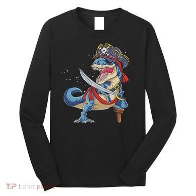 Dinosaur T Rex Pirate Jolly Roger Halloween Funny Long Sleeve Shirt