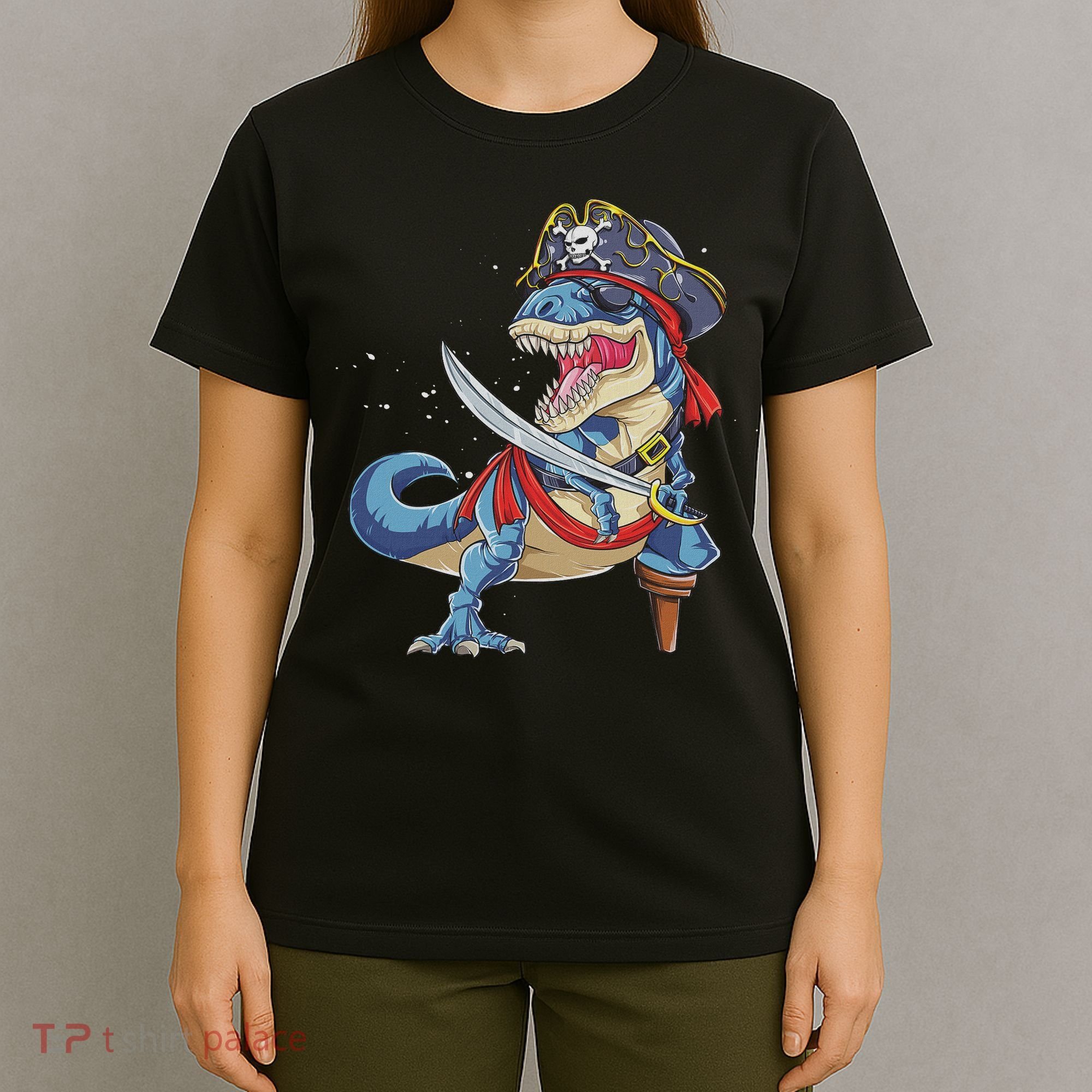 Dinosaur T Rex Pirate Jolly Roger Halloween Funny T-Shirt