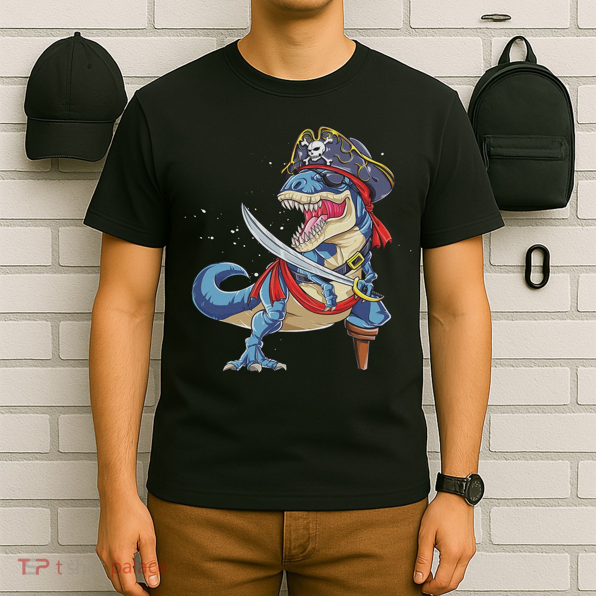 Dinosaur T Rex Pirate Jolly Roger Halloween Funny T-Shirt