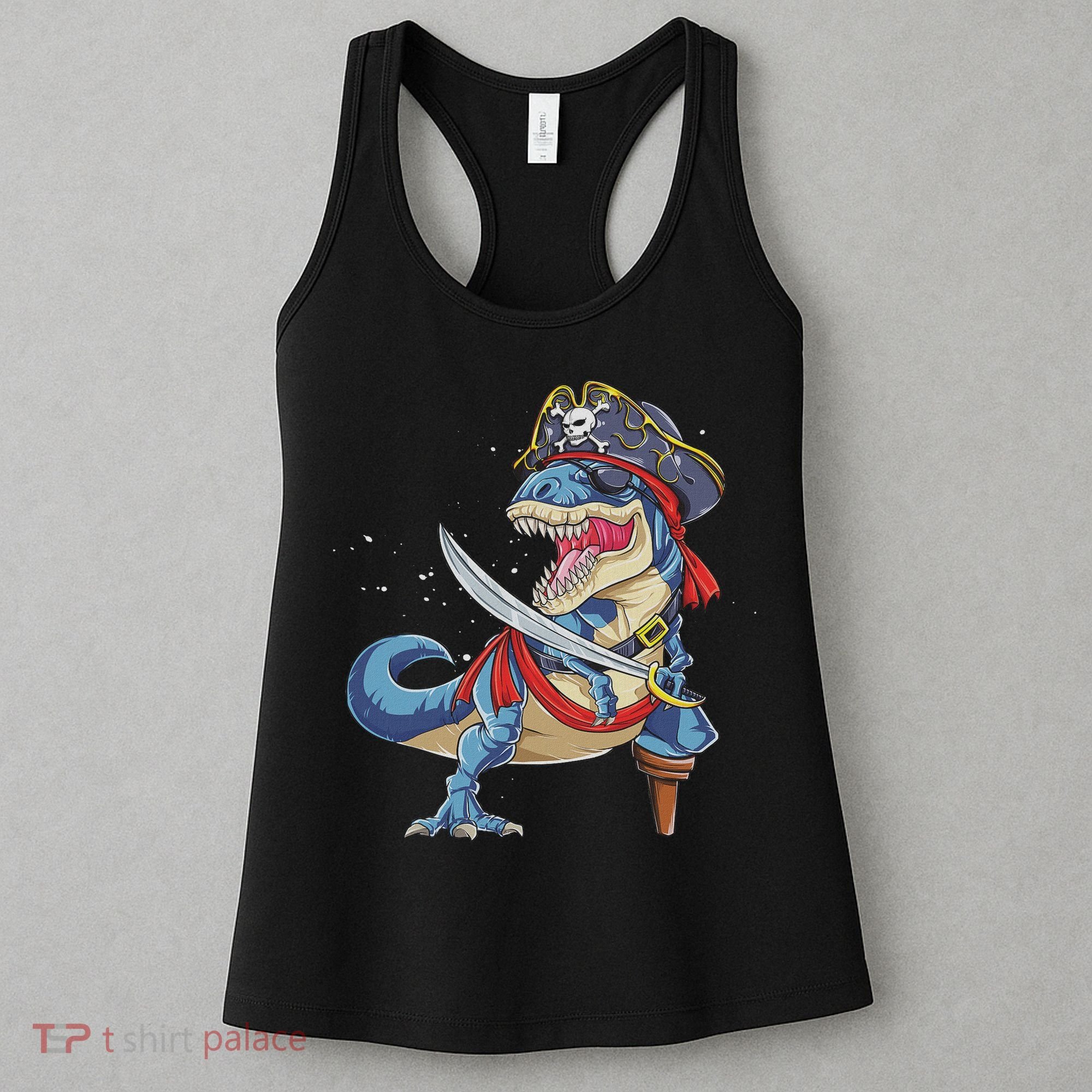 Dinosaur T Rex Pirate Jolly Roger Halloween Funny Women's Tank Top