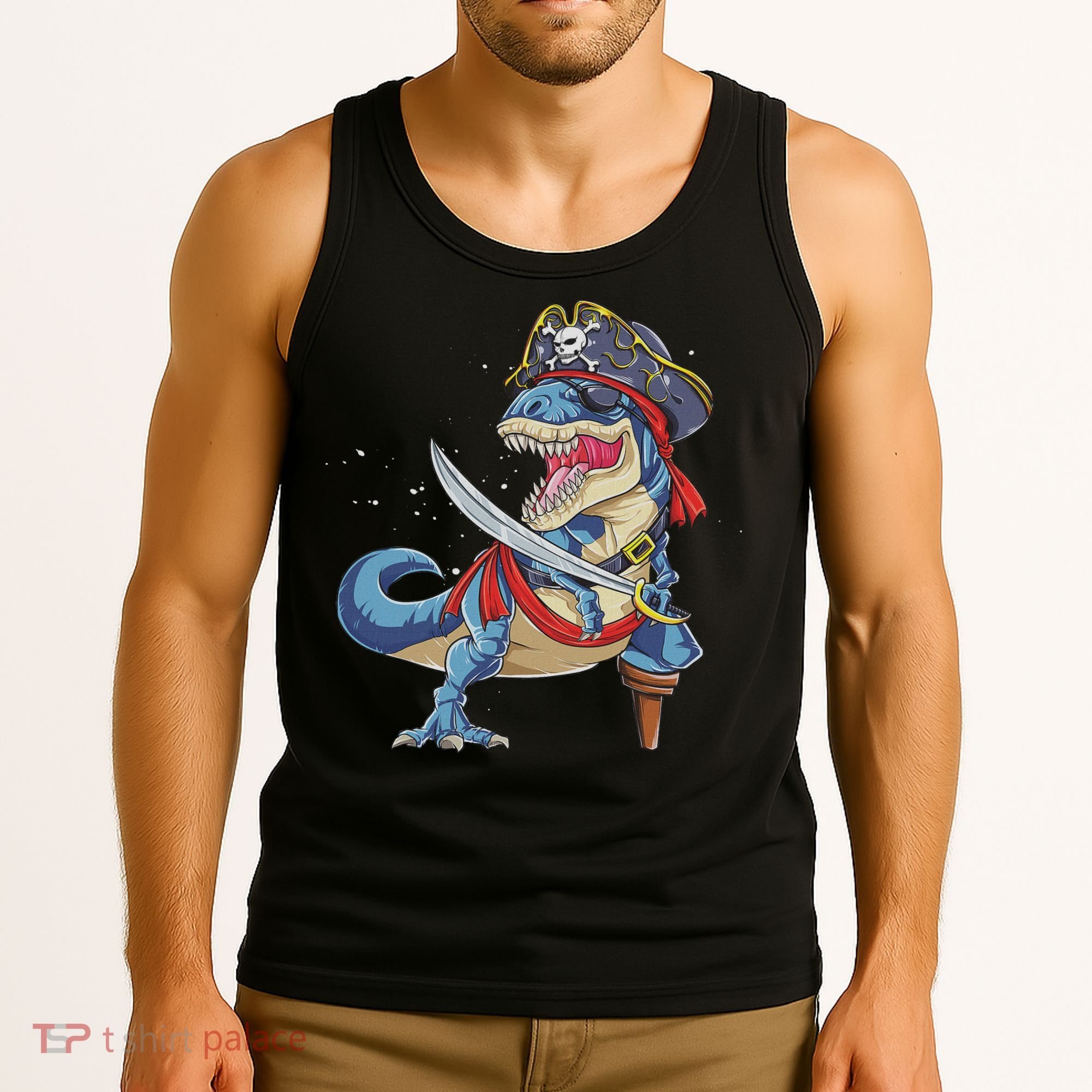Dinosaur T Rex Pirate Jolly Roger Halloween Funny Tank Top
