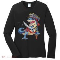 Dinosaur T Rex Pirate Jolly Roger Halloween Funny Women's Long Sleeve Shirt thumb 0