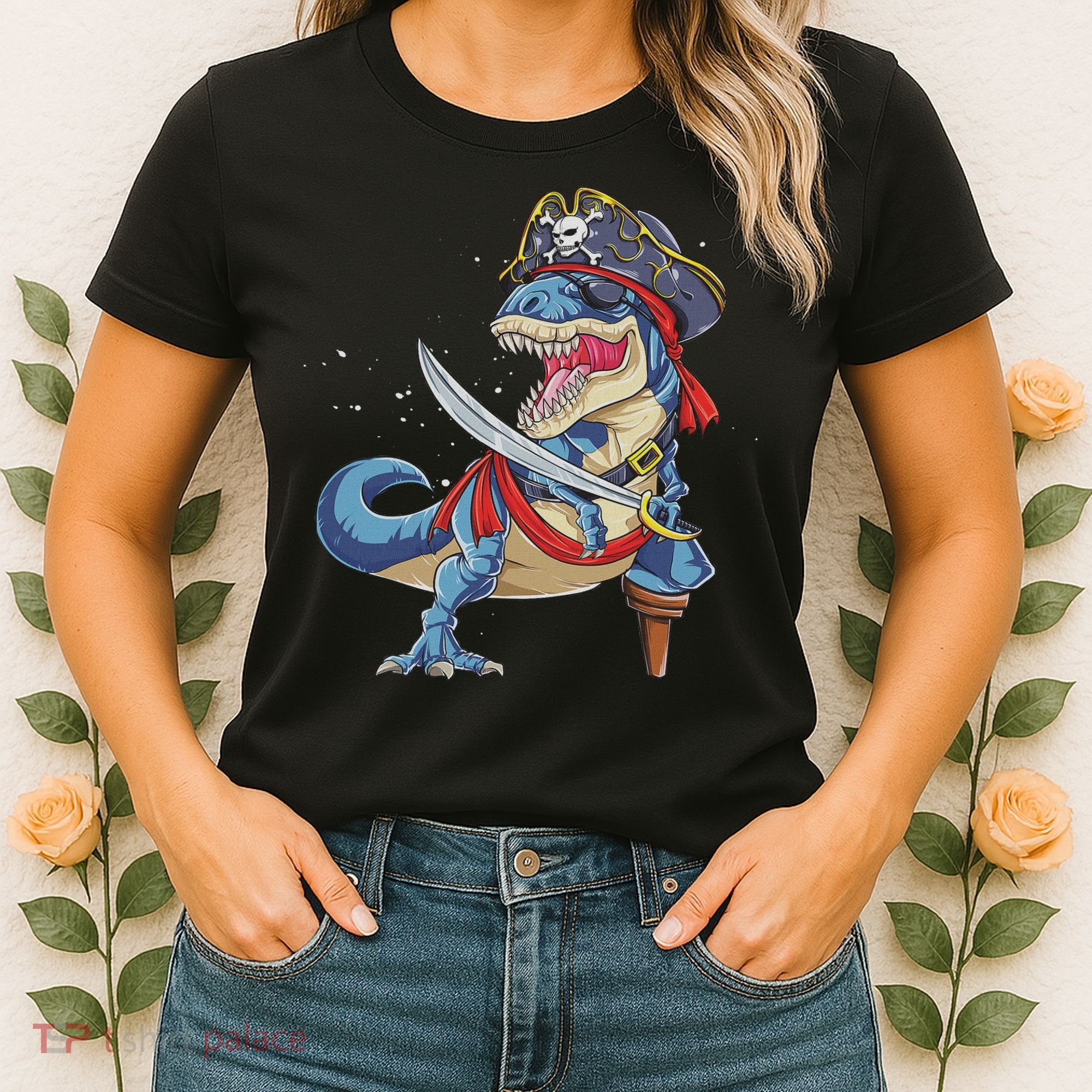 Dinosaur T Rex Pirate Jolly Roger Halloween Funny Women's T-Shirt