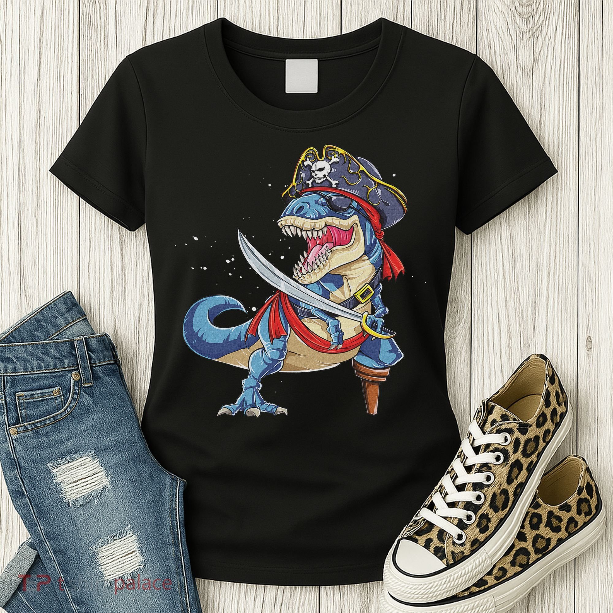 Dinosaur T Rex Pirate Jolly Roger Halloween Funny Women's T-Shirt