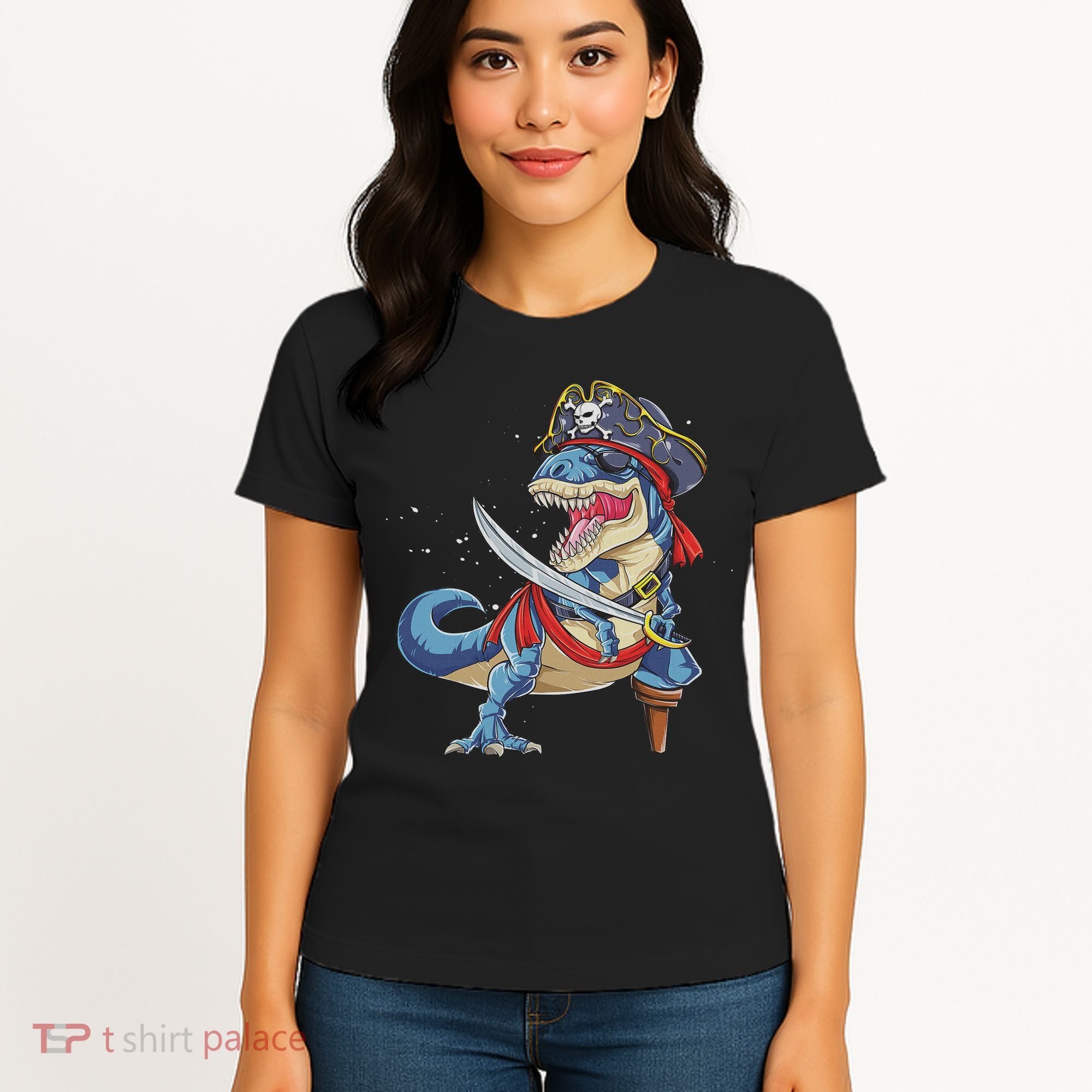 Dinosaur T Rex Pirate Jolly Roger Halloween Funny Women's T-Shirt