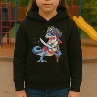 Dinosaur T Rex Pirate Jolly Roger Halloween Funny Kids Hoodie thumb 3