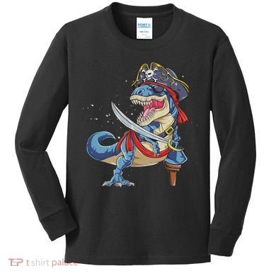 Dinosaur T Rex Pirate Jolly Roger Halloween Funny Kids Long Sleeve Shirt