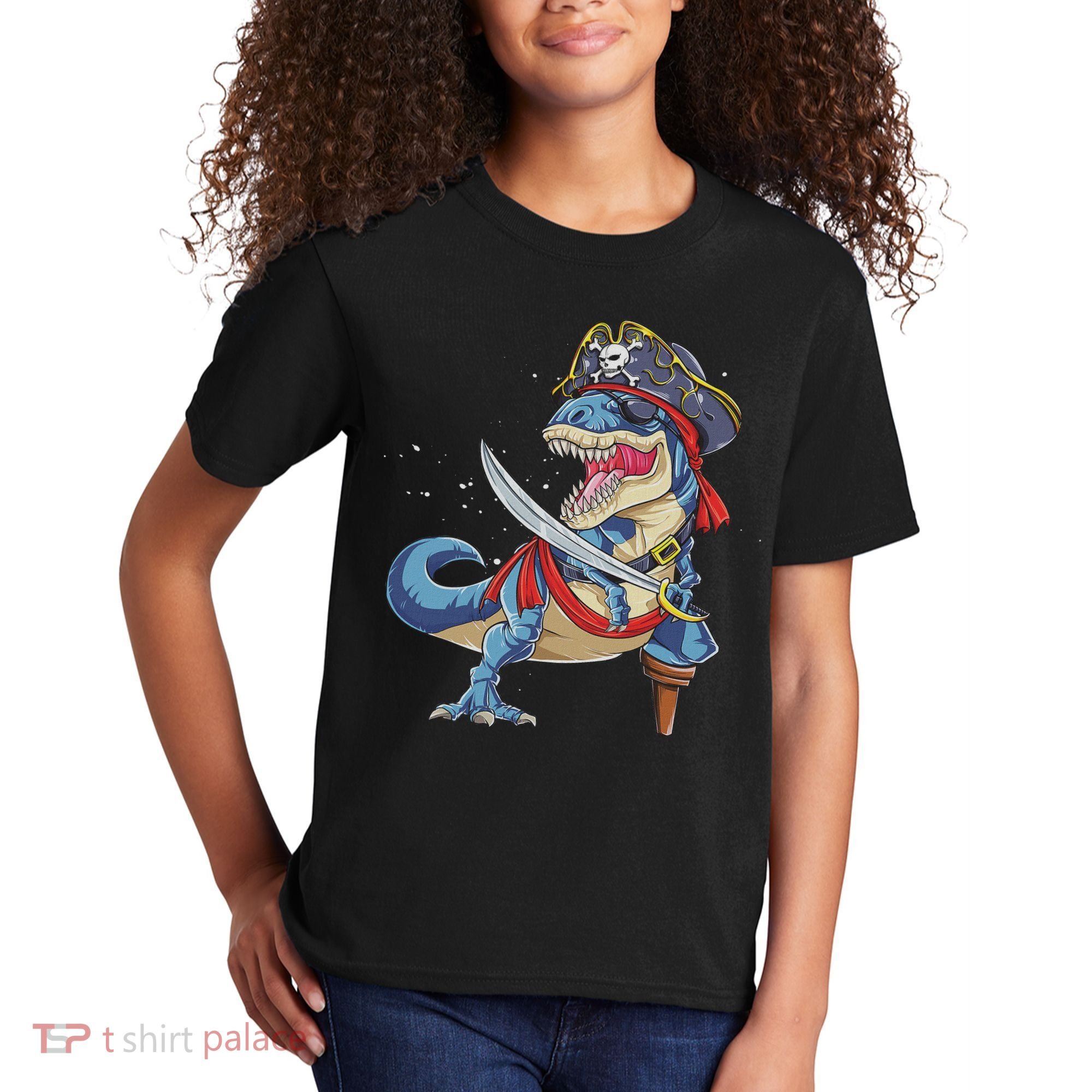 Dinosaur T Rex Pirate Jolly Roger Halloween Funny Kids T-Shirt