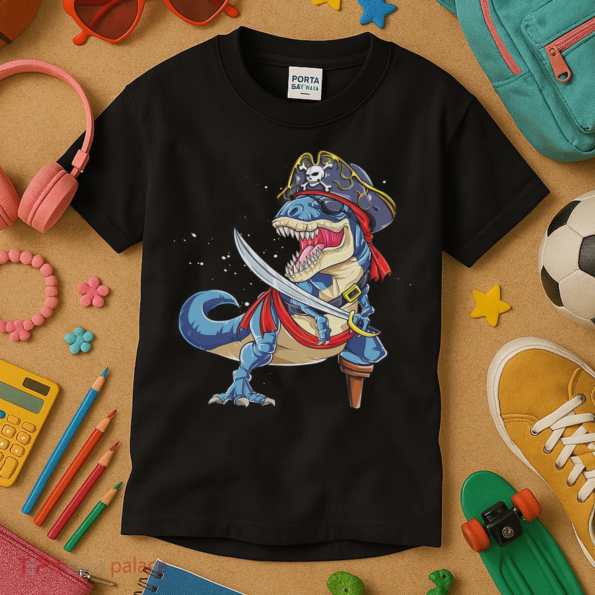 Dinosaur T Rex Pirate Jolly Roger Halloween Funny Kids T-Shirt