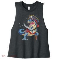 Dinosaur T Rex Pirate Jolly Roger Halloween Funny Women's Racerback Cropped Tank thumb 0