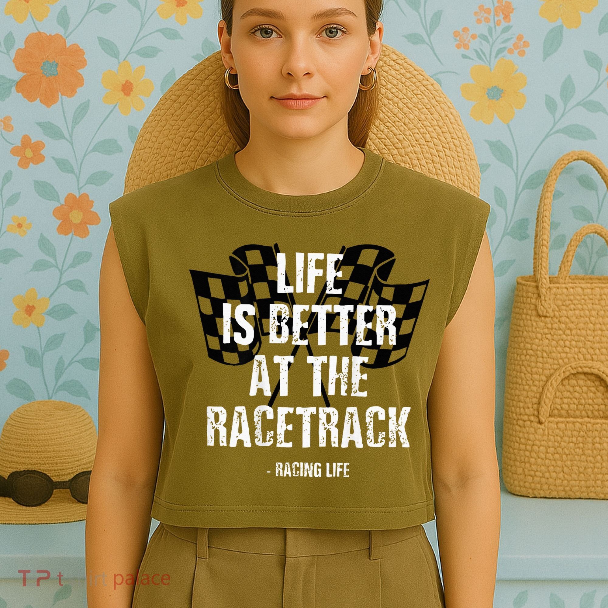 Dirt Track Racing Gear Checker Flag Racing Race Flag Garment-Dyed Women's Muscle Tee