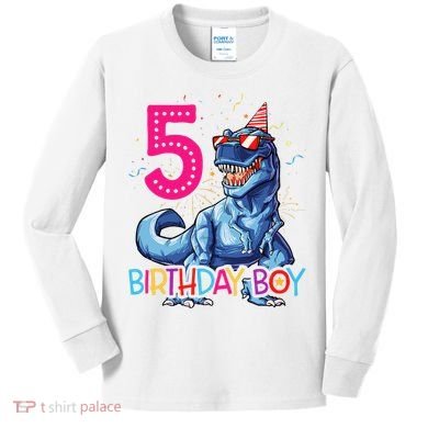 Dinosaur T Rex 5 Year Old 5th Birthday Kids Long Sleeve Shirt