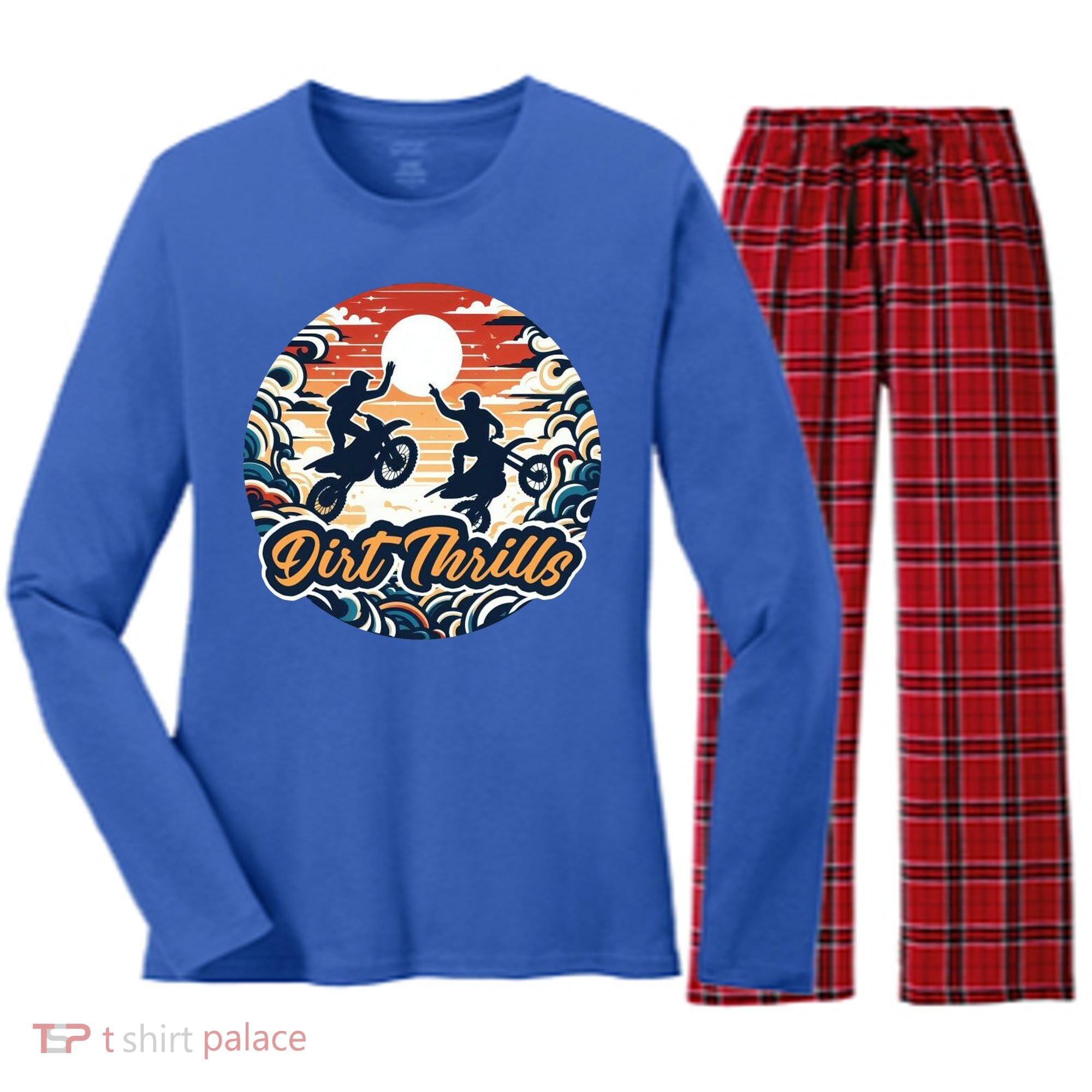 Dirt Thrills Retro Sunset Motocross Women's Long Sleeve Flannel Pajama Set 