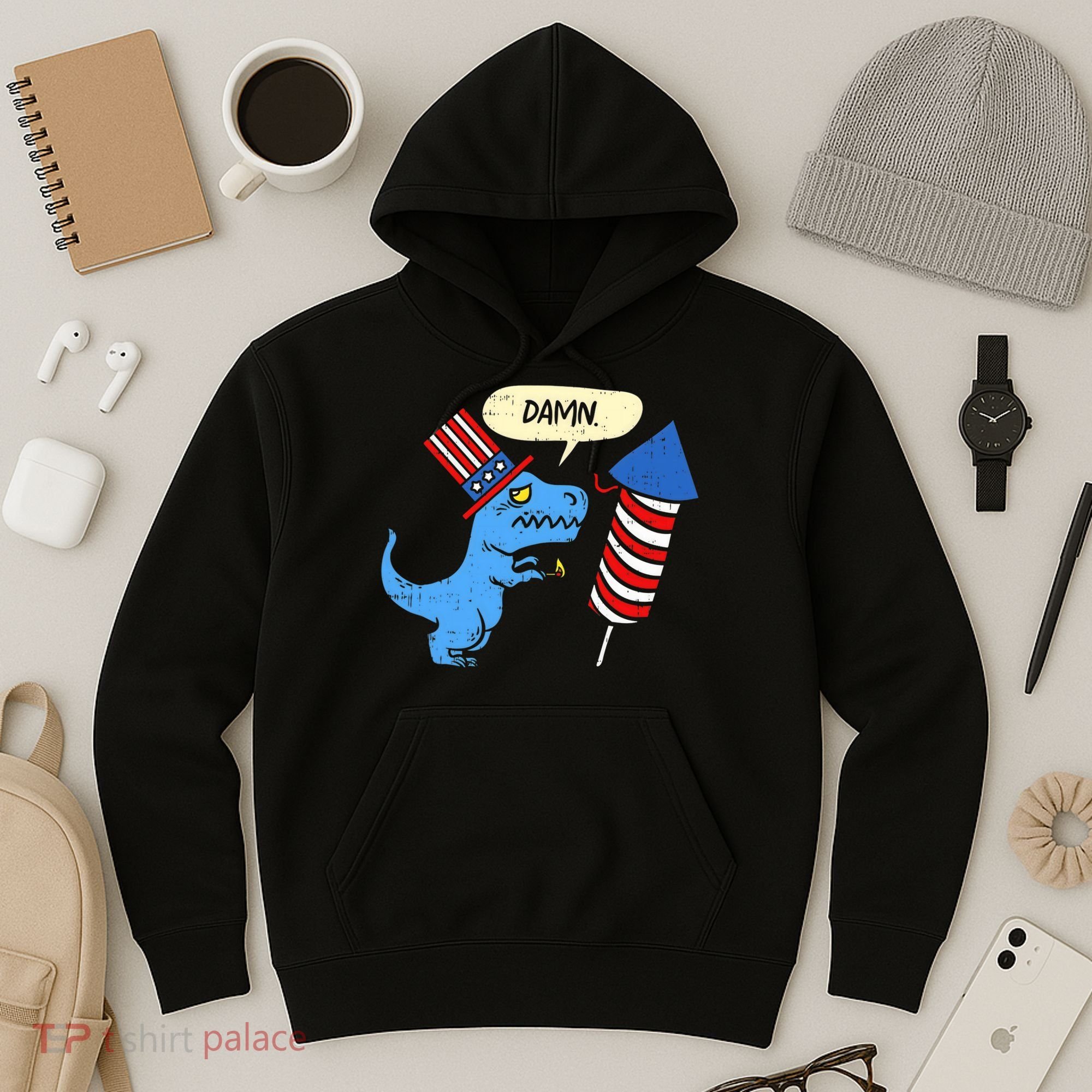 Damn TRex Short Hands Firecracker Funny Firework 4th Of July Hoodie