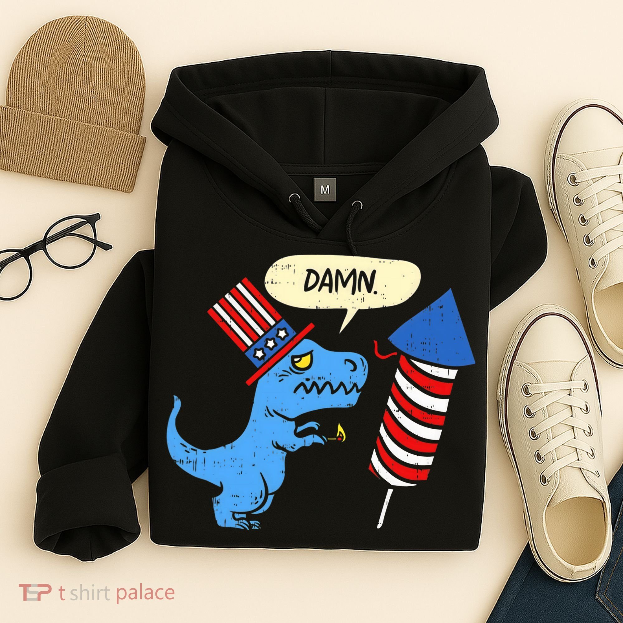 Damn TRex Short Hands Firecracker Funny Firework 4th Of July Hoodie