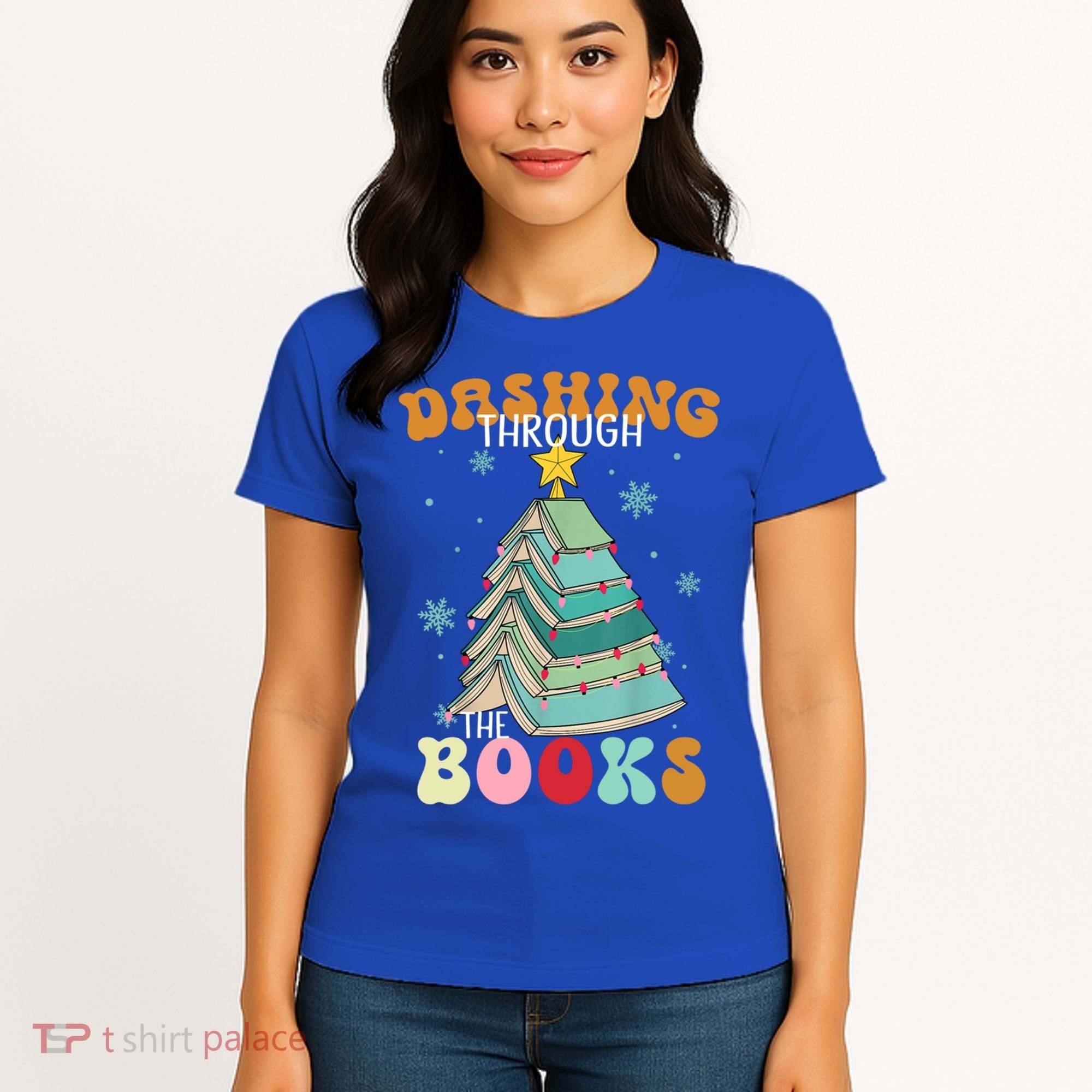 Dashing Through The Books Funny Book Christmas Tree Teacher Great Gift Women's T-Shirt