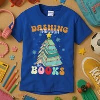 Dashing Through The Books Funny Book Christmas Tree Teacher Great Gift Kids T-Shirt thumb 3