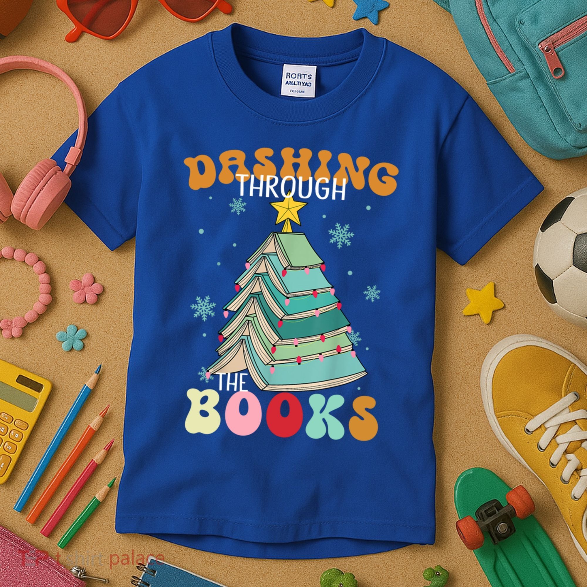 Dashing Through The Books Funny Book Christmas Tree Teacher Great Gift Kids T-Shirt
