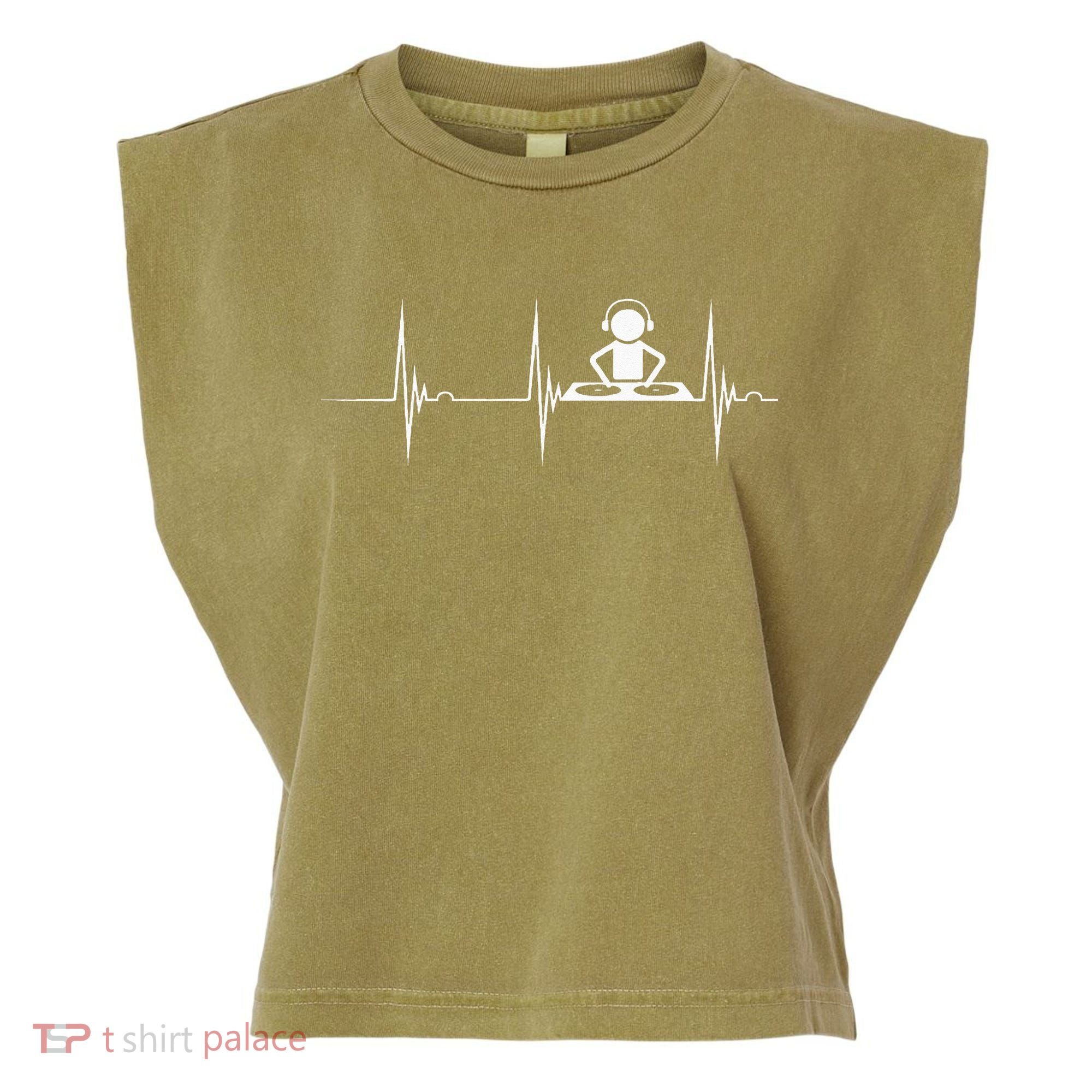 DJ Techno Turntable DJ Heartbeat EKG Pulse Dance Music Garment-Dyed Women's Muscle Tee