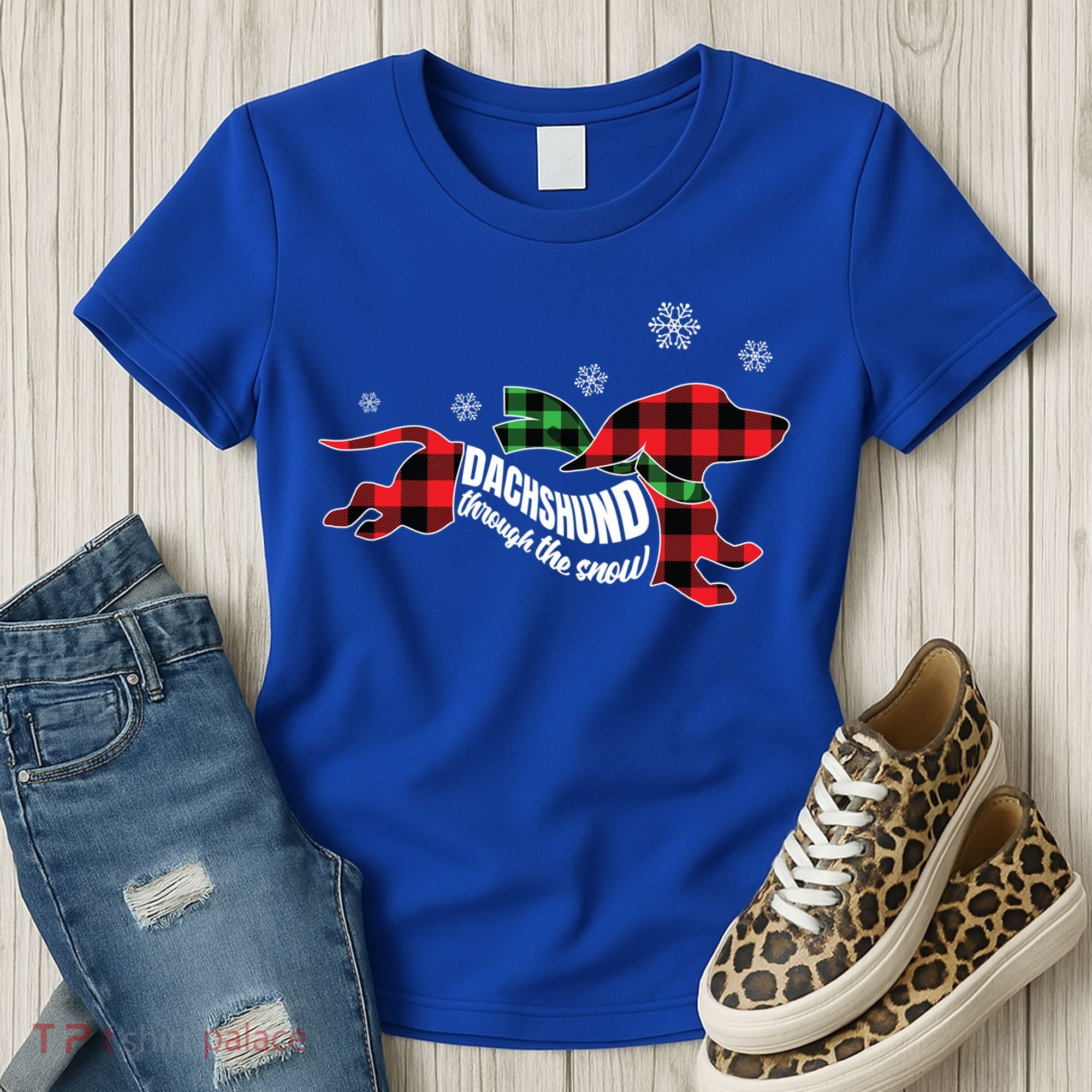 Dachshund Through The Snow Doxie Dog Plaid Christmas Gift Women's T-Shirt