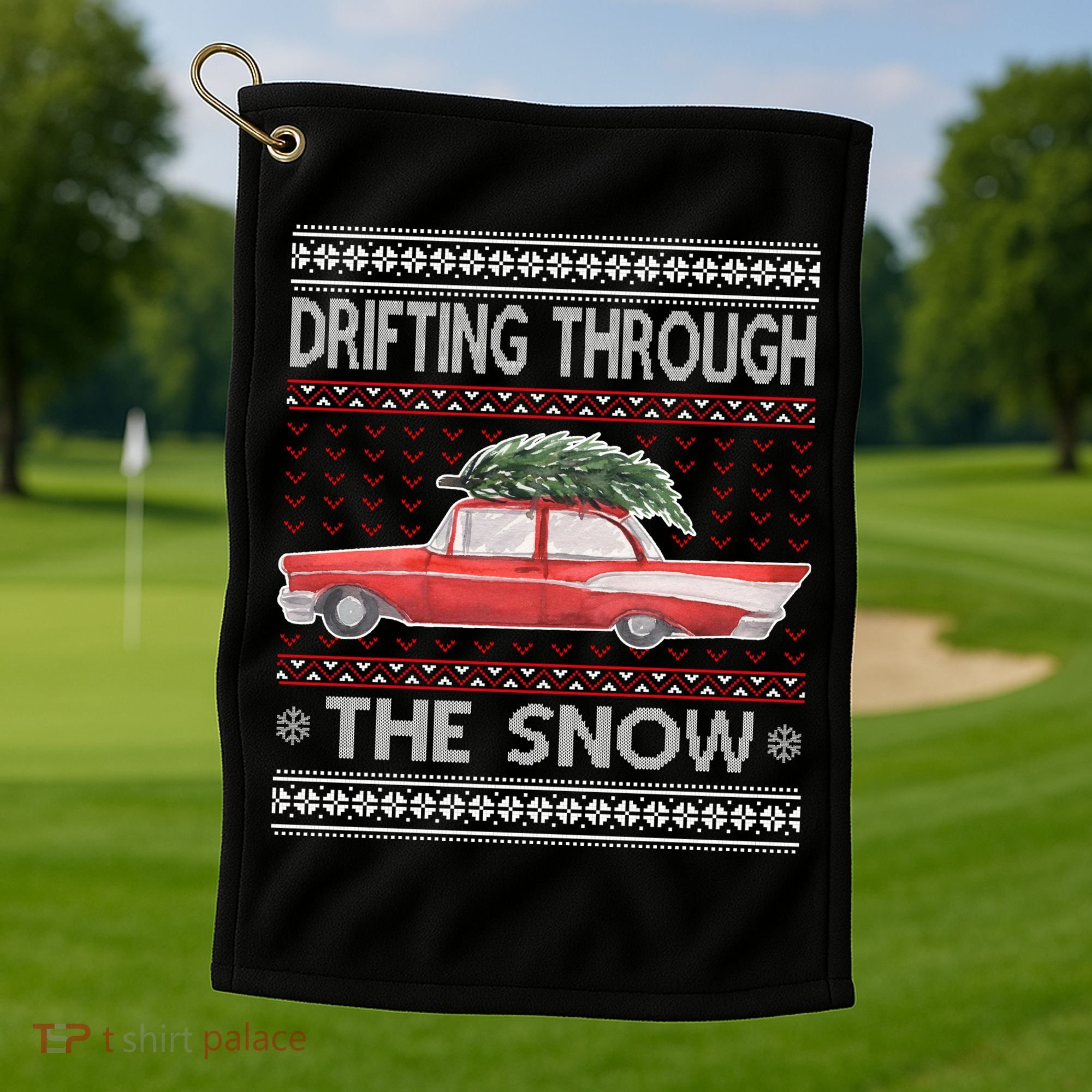 Drifting Through The Snow Ugly Christmas Sweater Golf Towel