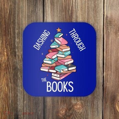 Dashing Through The Books Lover Christmas Tree Xmas Bookish Gift Coaster