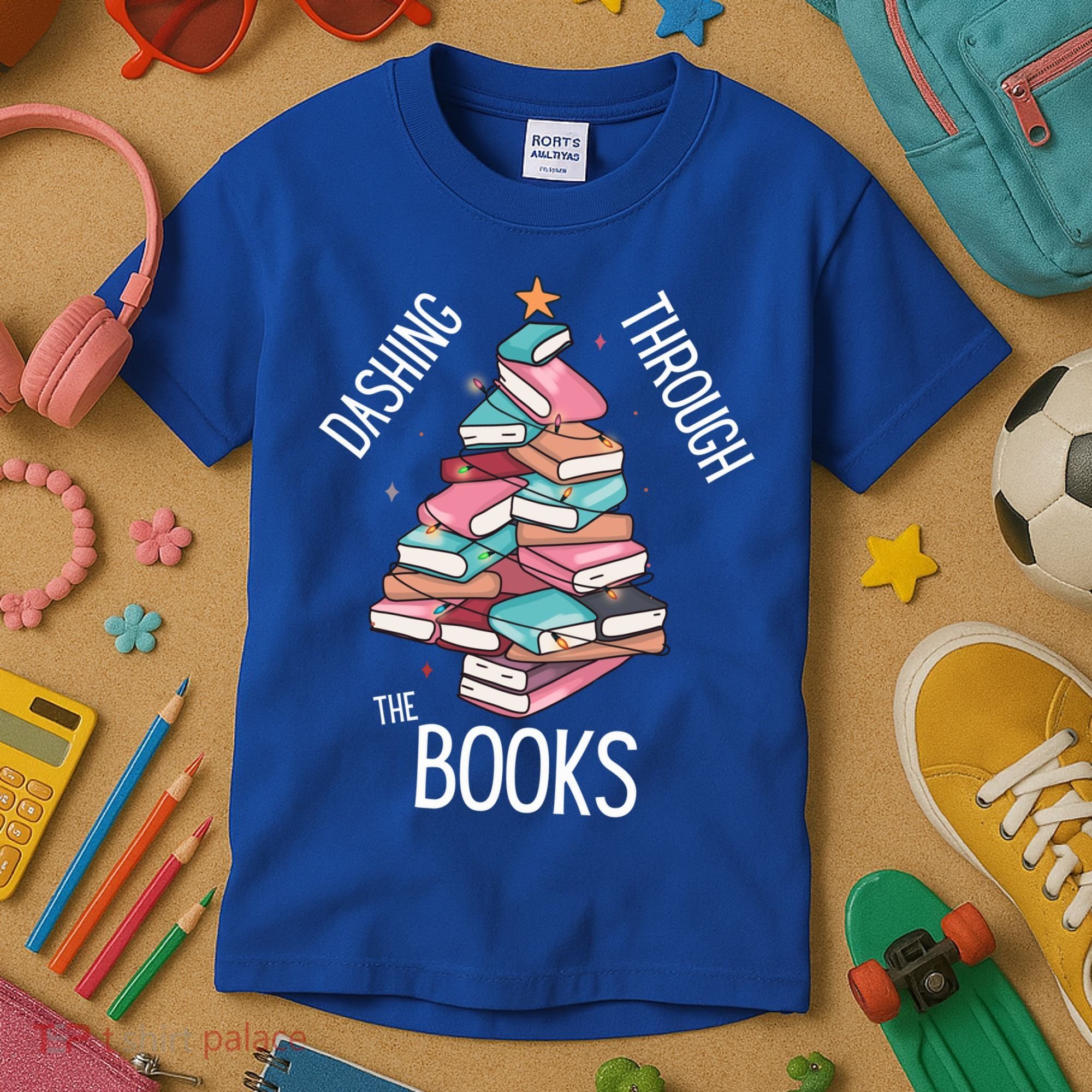 Dashing Through The Books Lover Christmas Tree Xmas Bookish Gift Kids T-Shirt