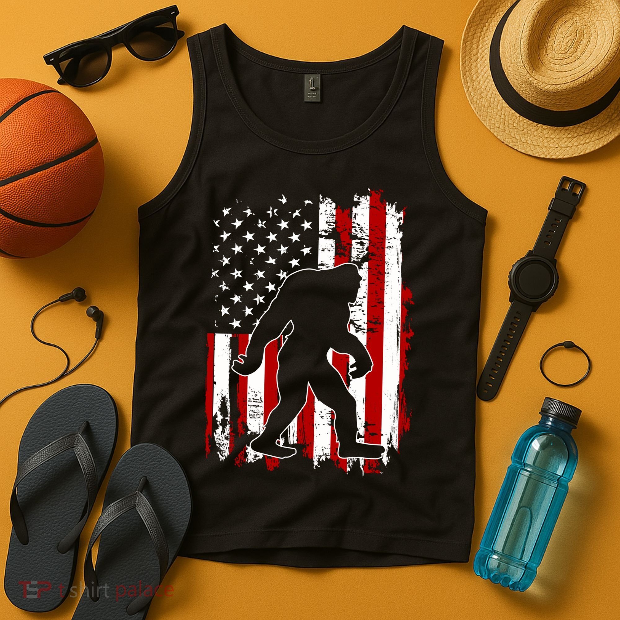 Distressed USA American Bigfoot Sasquatch Flag Tank Top