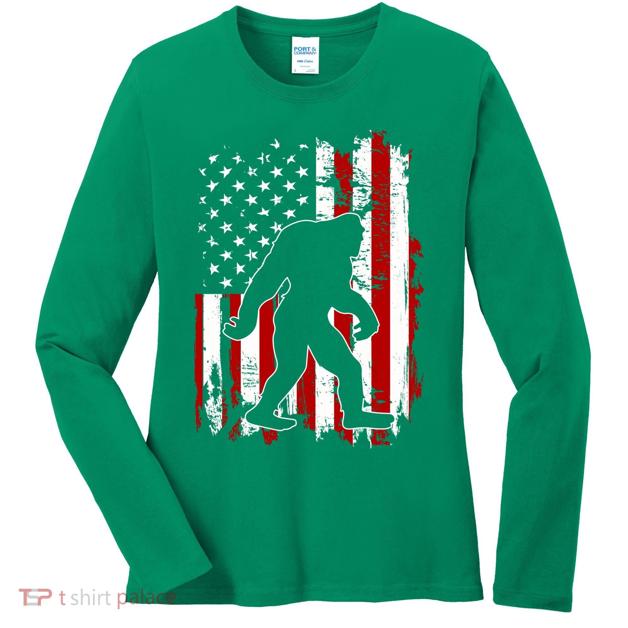 Distressed USA American Bigfoot Sasquatch Flag Women's Long Sleeve Shirt