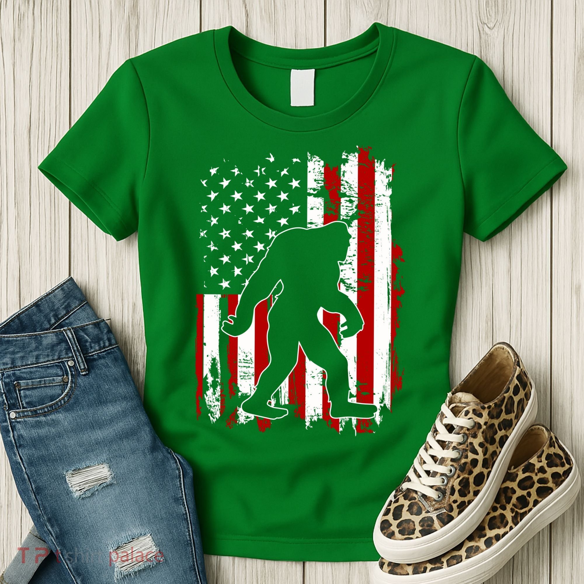 Distressed USA American Bigfoot Sasquatch Flag Women's T-Shirt