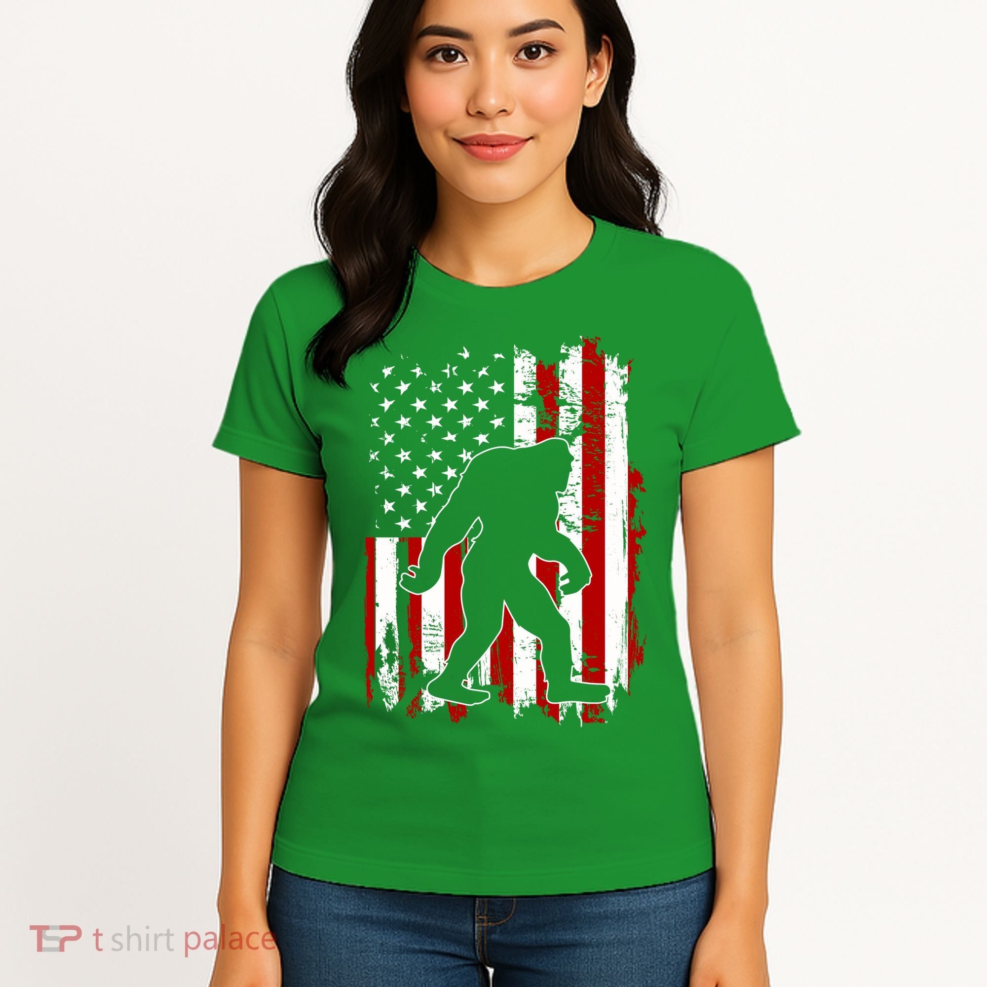 Distressed USA American Bigfoot Sasquatch Flag Women's T-Shirt