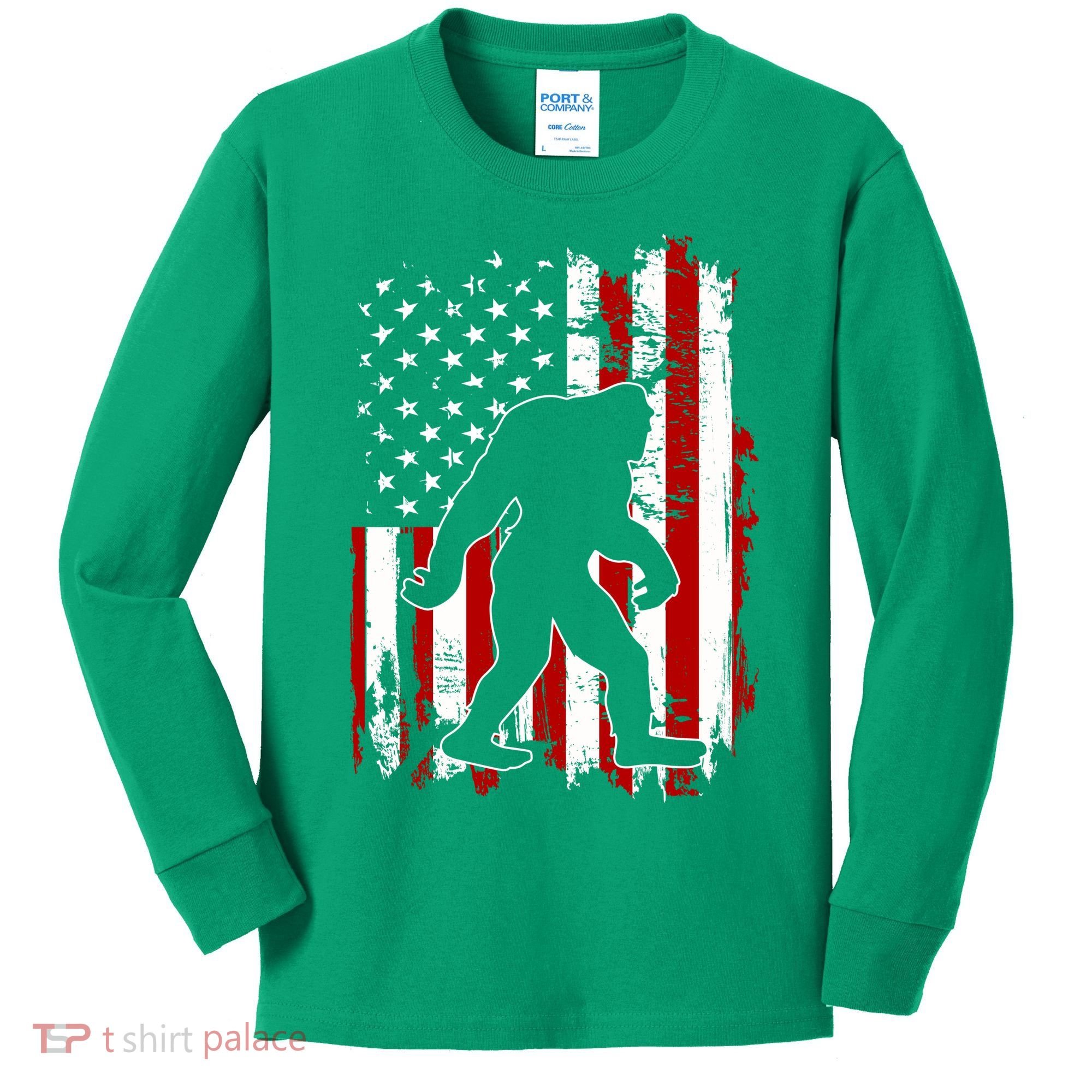 Distressed USA American Bigfoot Sasquatch Flag Kids Long Sleeve Shirt