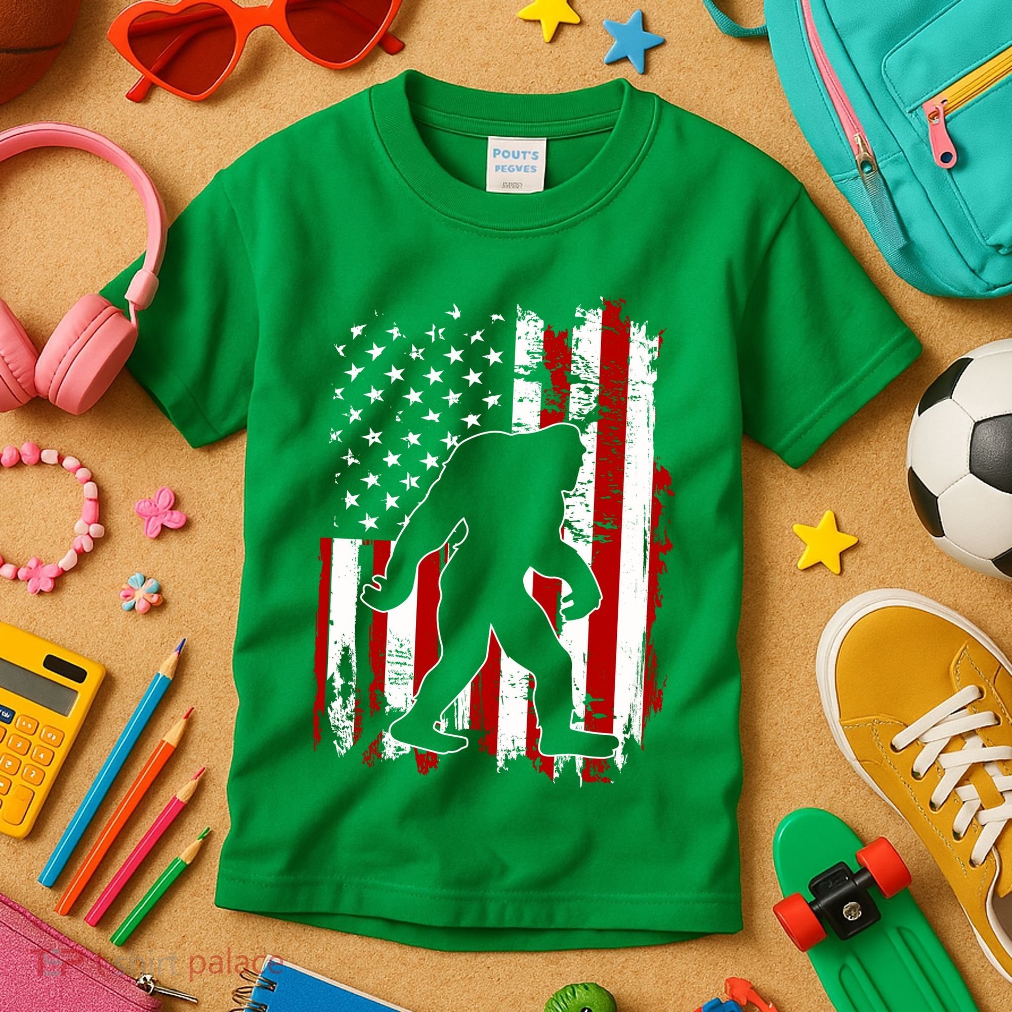 Distressed USA American Bigfoot Sasquatch Flag Kids T-Shirt