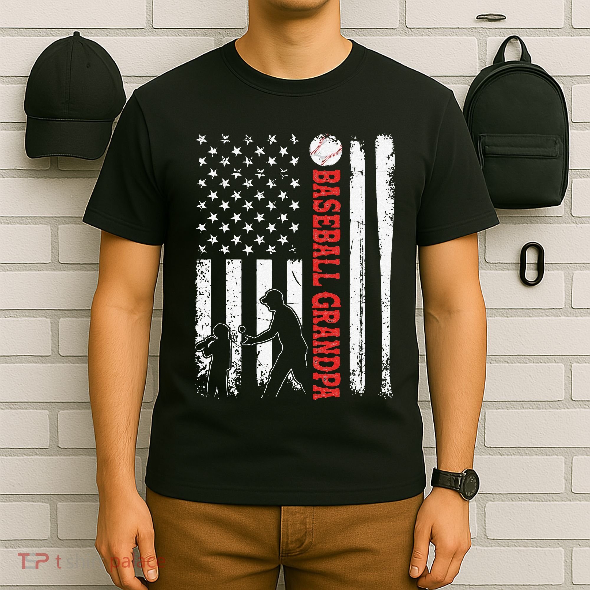Distressed USA American Flag Baseball Grandpa Father's Day T-Shirt