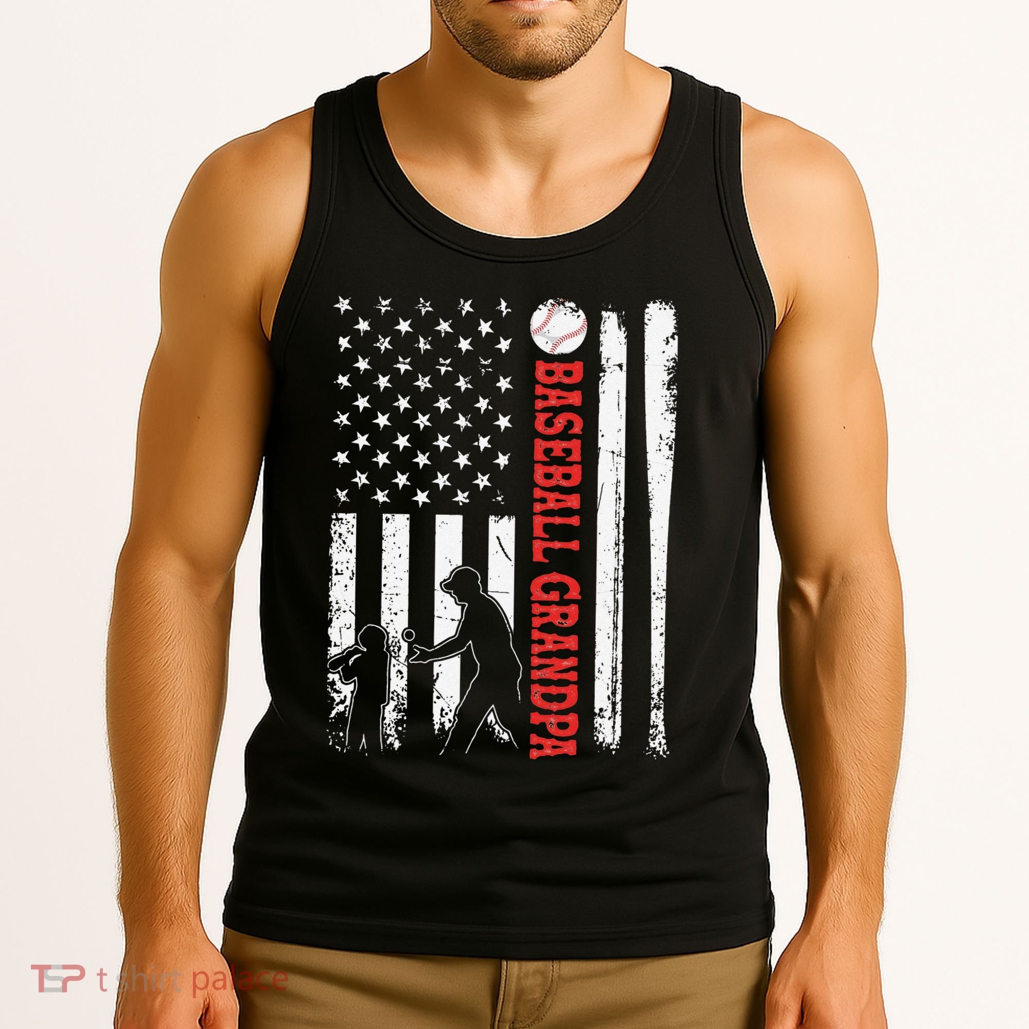 Distressed USA American Flag Baseball Grandpa Father's Day Tank Top